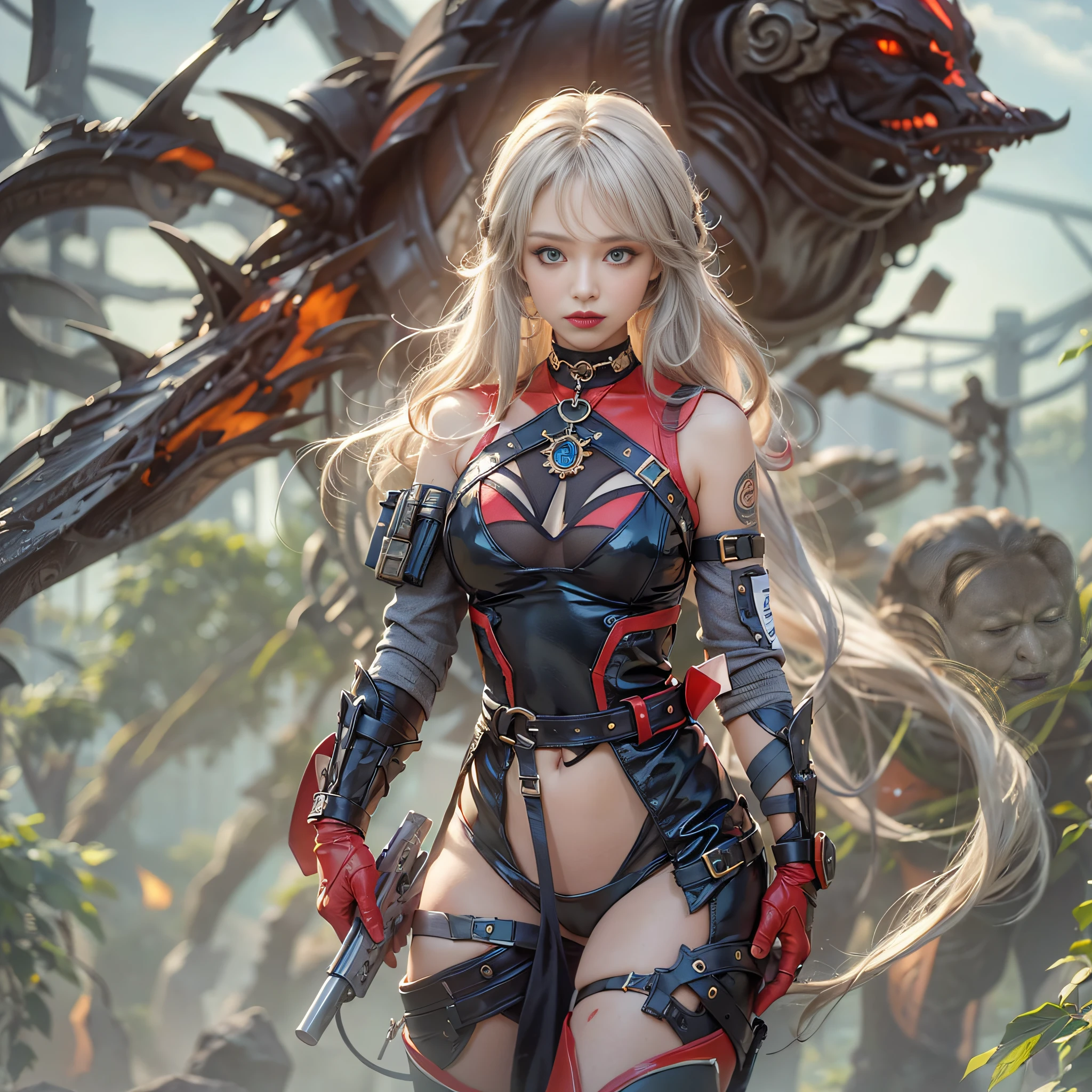 ((​masterpiece:1.4)、(top-quality:1.4)、(reallistic:1.7))、Otherworldly mercenaries、Beautiful Beautiful Girl Mercenary、Super beauty、Sexy Daughter、1girl in、Uniforms suitable for combat、latex shiny、Latex bodysuit、age19、Super Ultra Ultra Bikini、Looking Back Beauty、Outstanding style、Slender Abs、Anatomically correct limbs、Anatomically correct body structure、Realistic standard body shape、beauty legs、Beautiful ass、A detailed eye、beautidful eyes、Raw photo、red-lips、Red boots、a choker、a necklace、耳Nipple Ring、The world of otherworldly mythology