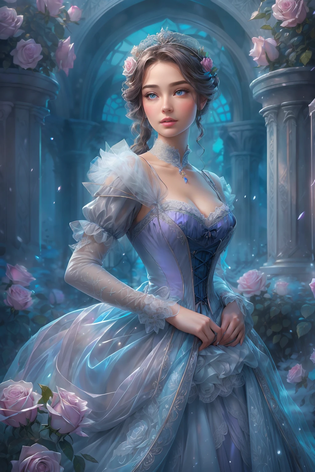 This is realistic (((fantasy))) artwork set in the frozen rose garden of an enchanted ice castle in winter. It is snowing heavily. Generate a proud woman with a (((highly detailed face))) dressed in the billowing folds of a stunning French silk ballgown. The woman's elegant face is ((((highly detailed, with realistic features and soft, puffy lips.)))) The ballgown is embellished with ruffles, sashes, and bows and a delicately, but intricately, hand-embroidered bodice. The corset features silk ribbon. She is wearing Victorian royal winter outer clothes. The woman's stunning eyes are beautifully detailed, featuring realistic shading and multiple colors, and in high resolution. The woman is in a garden of eternal roses, each one beautifully formed and highly detailed. These realistic roses feature shimmering shades of light blue, dark blue, silver, and glimmering blue-purple. The eternal rose is a deep shade of periwinkle with shimmering pink overtones and undertones. Ensure that the woman's face, hair, and eyes are perfect. realism, high fantasy, whimsical fantasy, storybook fantasy, fairytale fantasy, fantasy details, enchanting, bewitching, 8k, hires, CGI, digital painting, unity, unreal engine, (((masterpiece))), intricate, elegant, highly detailed, majestic, digital photography, art by artgerm and ruan jia and Greg Rutkowski, (masterpiece, finely detailed beautiful eyes: 1.2), hdr, realistic skin texture, (((1woman))), (((solo))), Include a highly detailed face, extremely detailed face, and interesting background.