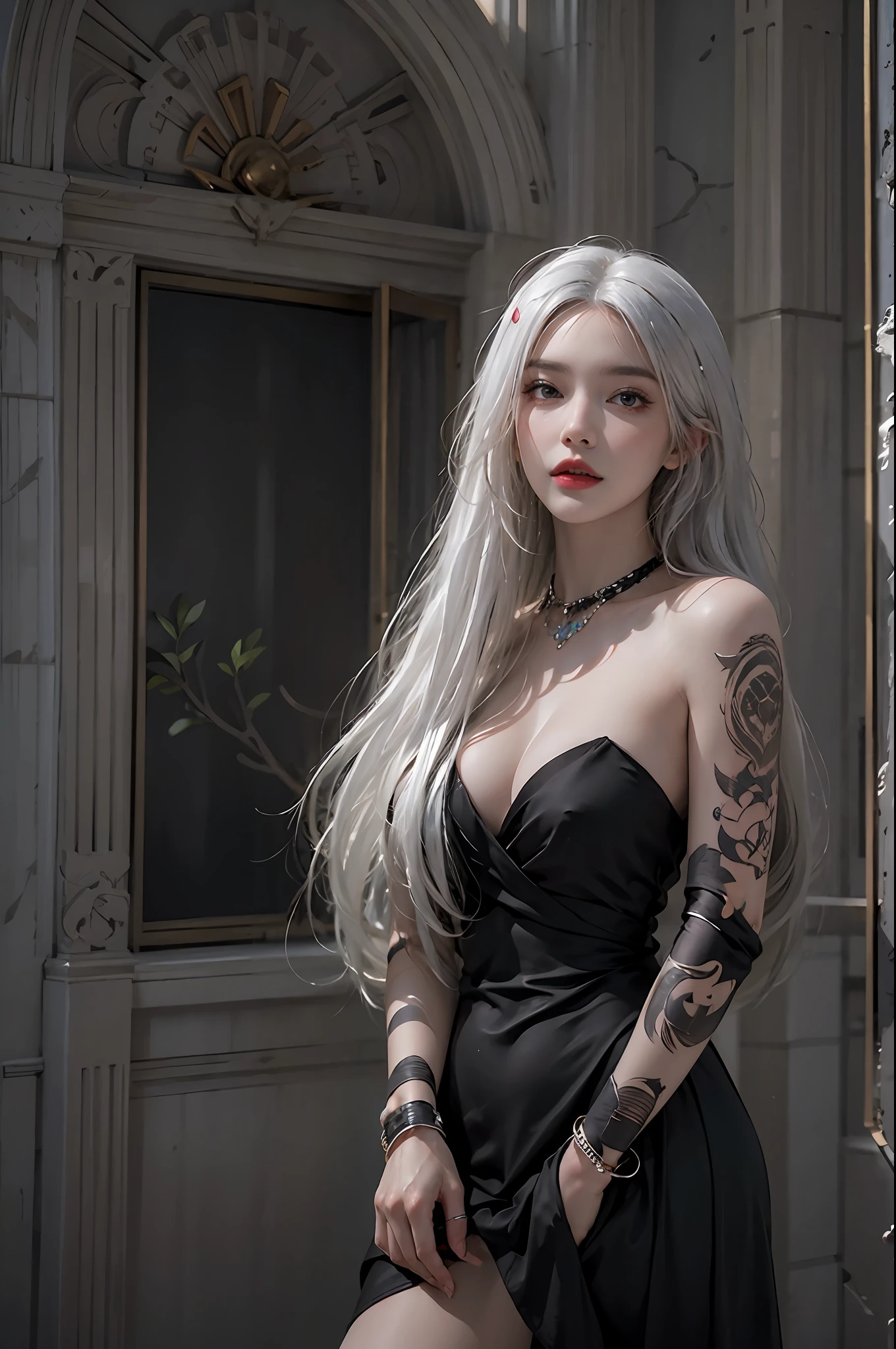 photorealistic, high resolution, 1women, solo, hips up, look at viewer, white hair, long hair, dress, 2b, black dress, jewelry, tattoo