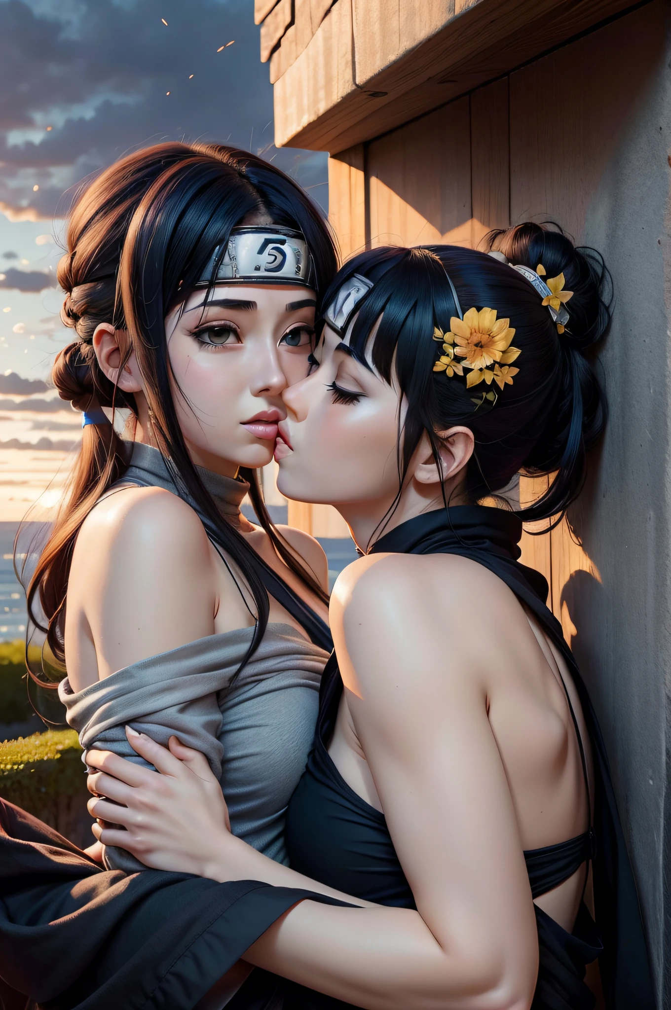 Hinata Hyuga and Naruto, kissing, marriage, hyper detailed, perfect scenary, love, hapiness