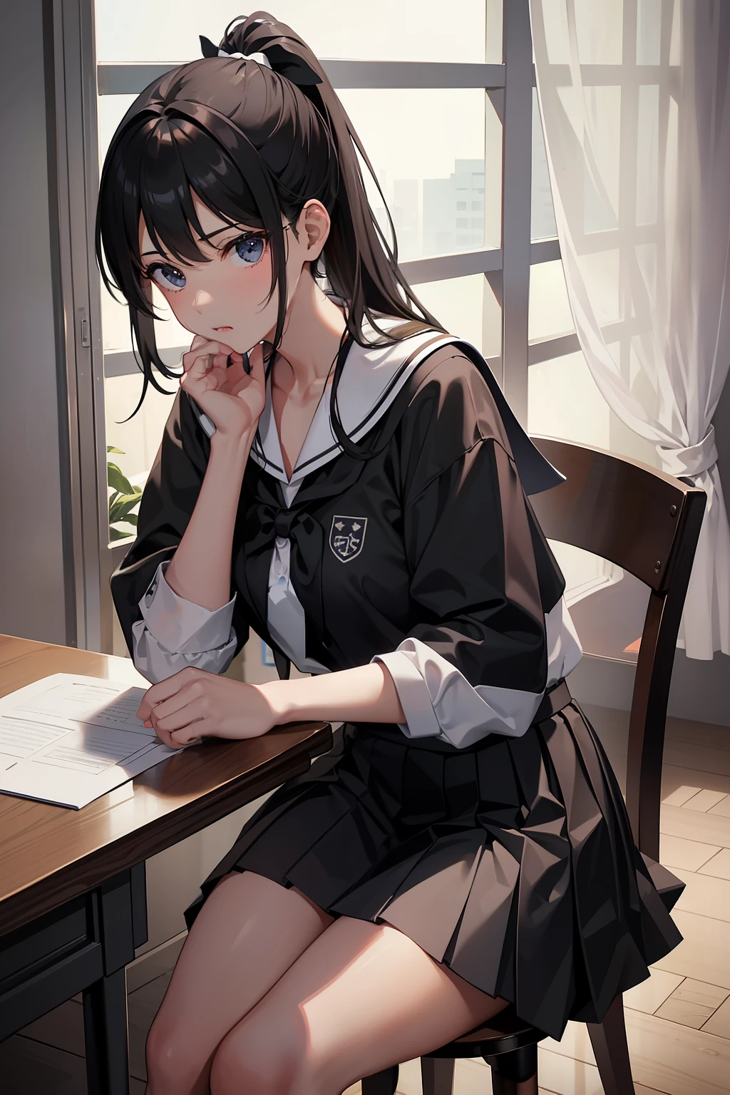A schoolgirl, cabelos preto e longos, High ponytail, Bow knot, Wearing a white Japanese school uniform, a black pleated skirt, Wear white socks, Black square-mouth leather shoes, Sit at your desk, sit on chair, Bite the pen, The table was full of books, Look down at a book, Thinking, Contemplative, modern, High detail, Cinematic lighting, Wide shot, Atmospheric perspective, Eye level shots, Masterpiece, A high resolution, Best quality, Super detail