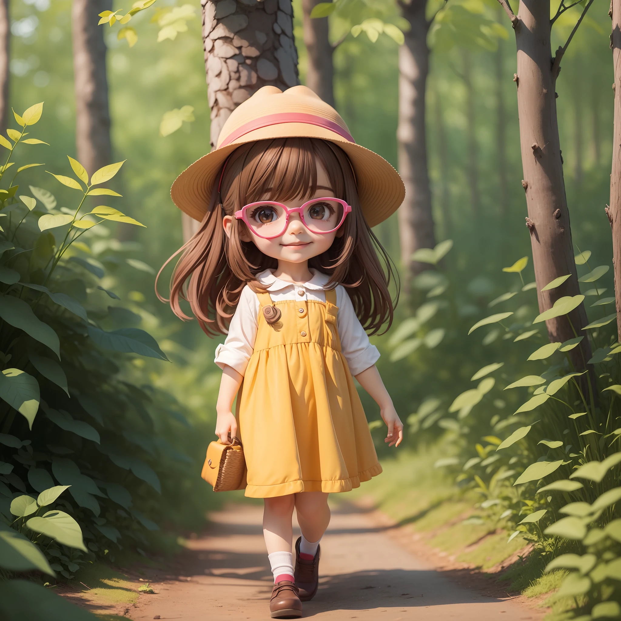 A very charming 6 year old , in the forest, holding a bird in both hands, spectacles, smiling, walking in the forest, the forest is full of trees, little girl hair, with pink hat, wearing a denim top, yellow dress, white socks, brown shoes. The illustration is a high-definition illustration in 4K resolution, a full-body photo with highly detailed facial features and cartoon-style visuals.