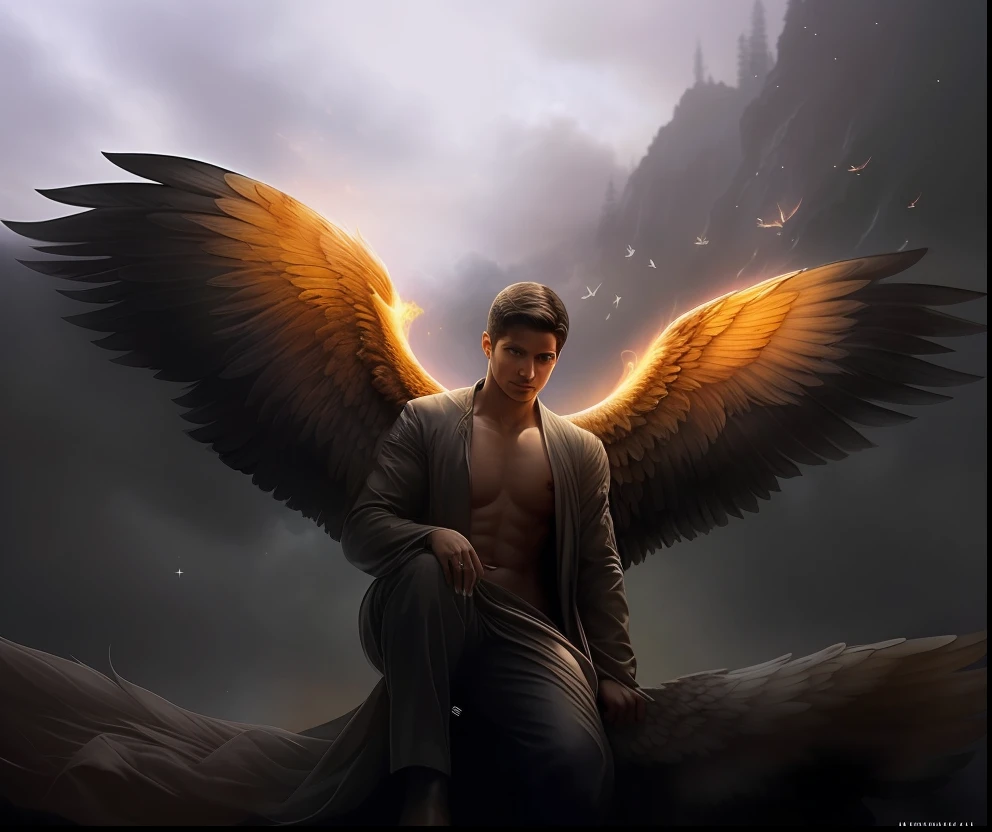 um close up de uma pessoa sentada em uma rocha com asas de anjo, Lucifer's, a Estrela, Lucifer's, Sobrenatural, para compreender o inferno ou ir angelical, oil canvas of lucifer, humano alado, epic angel wings, Reitor Winchester, Anjo no inferno, FALLEN ANGEL, para compreender o inferno ou voar angelical, anjo protegendo o homem, huge wings growing out of arms, of Lucifer