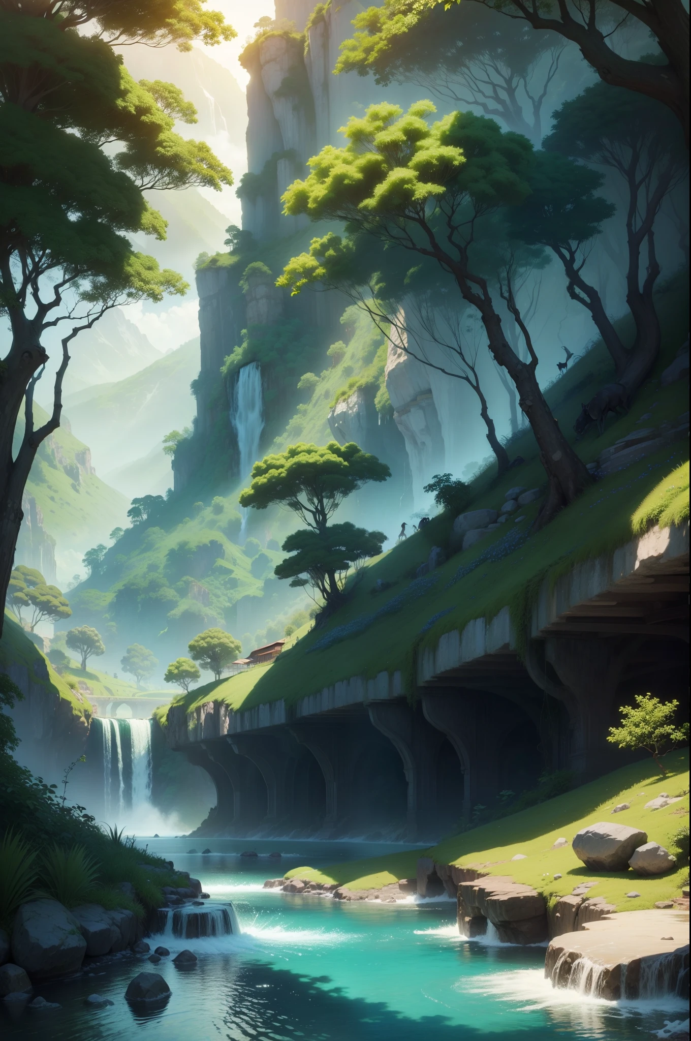 Paradise, lush greenery, flowing rivers, beautiful mansions, beautiful animals