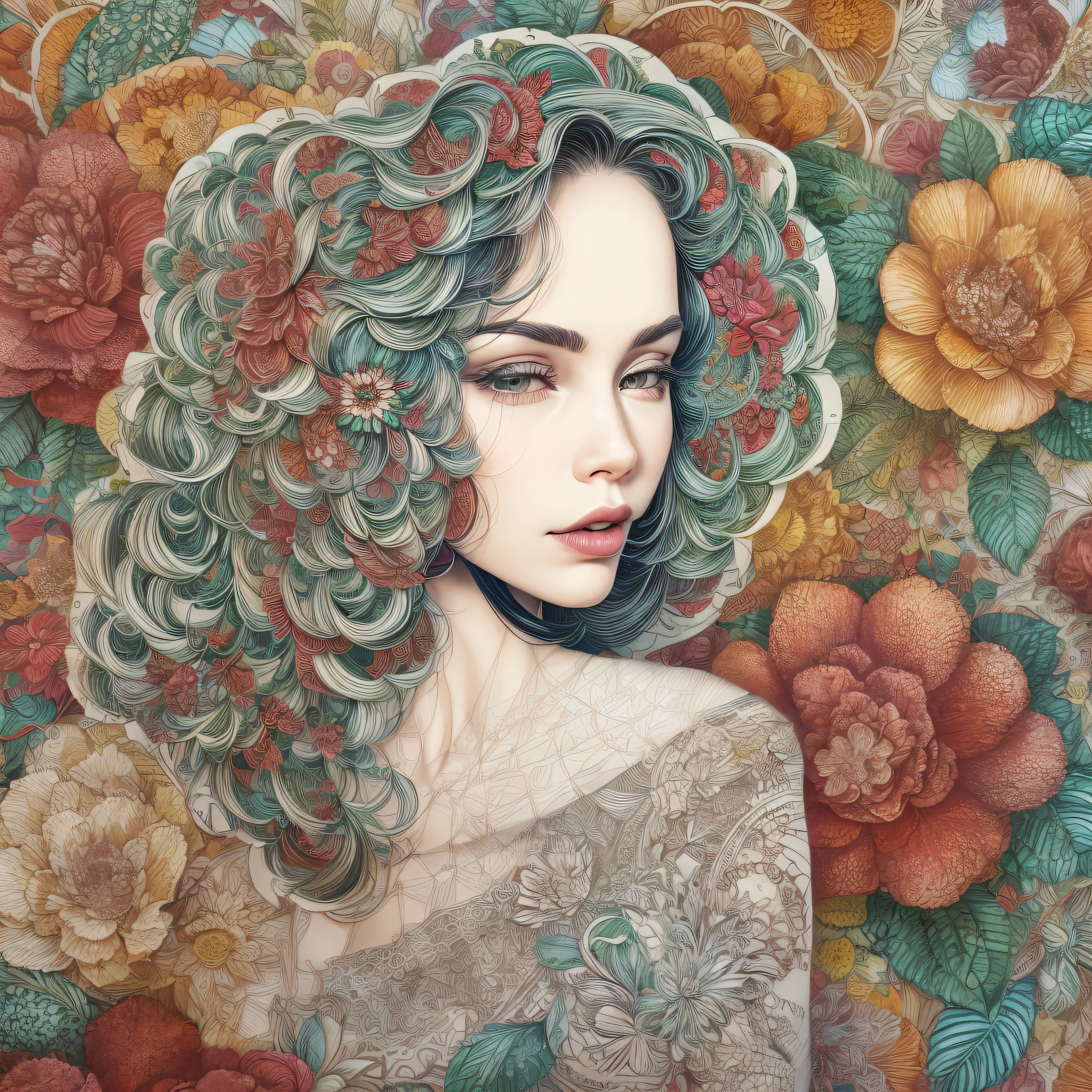 (A silhueta de uma mulher bonita,Colorful camellias),fundo branco,(arte em papel, Arte em papel acolchoado:1.2, geomerty:1.1, Zentangle,a 3D render), (extremamente colorido, best quality, Detalhes detalhados, master part, arte oficial, Efeito de luz do filme, 4k)