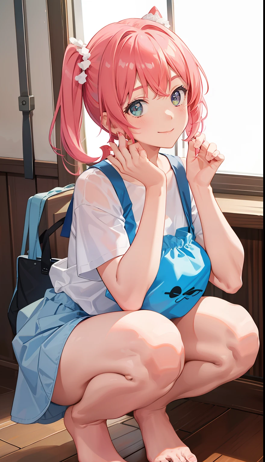 1girl in、A smile、Underwear、Cute underwear、Upper body portrait、Squatting panchira、