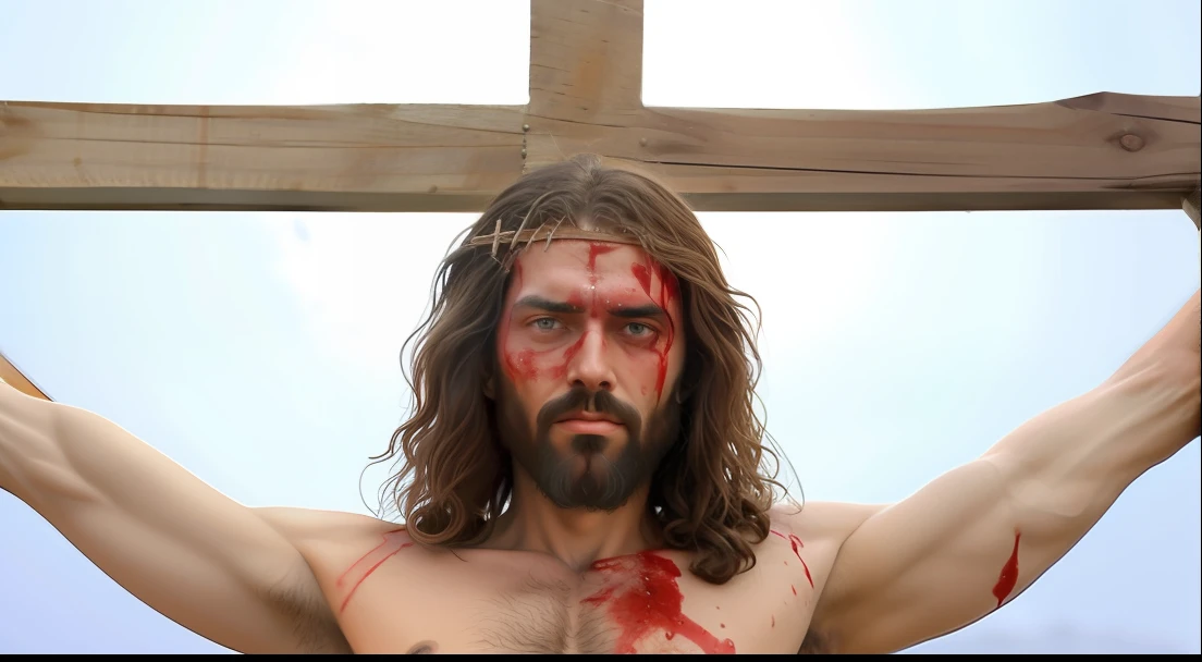 Man looking at camera with blood on his face, com uma coroa feita de espinhos, Jesus na Cruz, Jesus na Cruz, Jesus Cristo na Cruz, Alexey Egorov, jesus of nazareth, Jesus Cristo, crucifixion, Vestido como Jesus Cristo, Maxim Sukharev, Christian, Jesus, Crucifixo, Jesus Gigachad