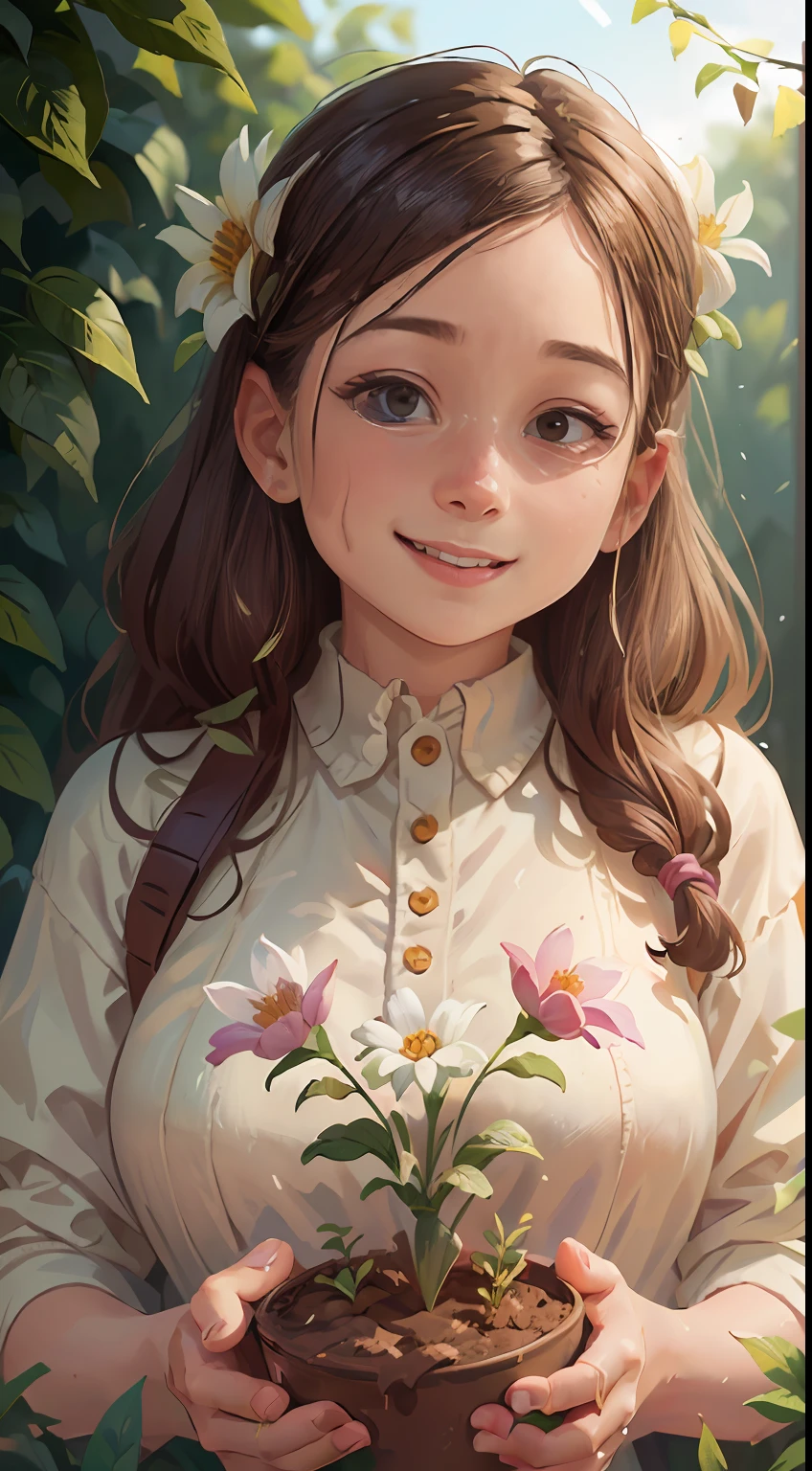 Girl doing gardening, mud in the face, Happy, Flower, Perfect Quality, Clear Focus (Clutter - Home: 0.8), (Masterpiece: 1.2) (Realistic: 1.2) (Bokeh) (Best Quality) (Detailed skin: 1.3) (Intricate Details) (8K) (Detail Eye) (Sharp Focus), (Happy)