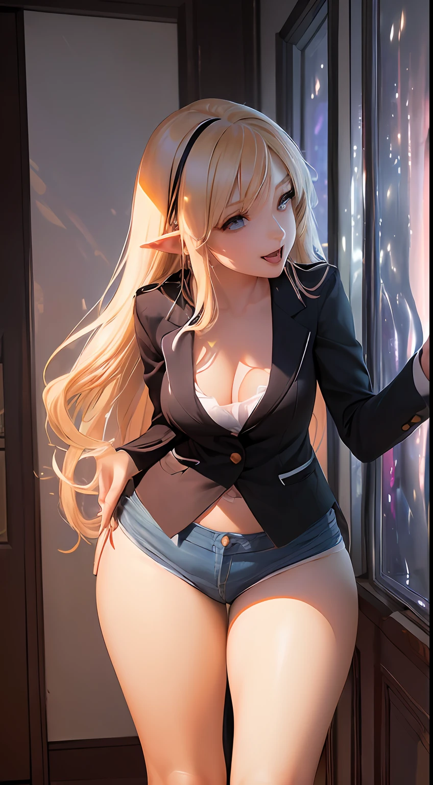 Two anime girls, hugging, Masterpiece, Best quality, High quality), Abstraction, Deep Sea, Award-winning photography, Depth of field, HDR, Very detailed, Complex, High detail,(Masterpiece: 1.2, highest quality), (Best lighting, very delicate and beautiful), (Best lighting, Very delicate and beautiful), (beautiful detailed face), (detailed eyes and detailed face:1.2), , (young girls, two girls, crazy smile, pale skin,G cup,cleavage,19 piercings,(dynamic angle), ((pointy_ears, fangs, (depth of field),high contrast, full body, colorful poses,((Uniform,Blazer, Light colored panties:1)),Cowboy shot,Denim jacket, skirt or miniskirt, NSFW