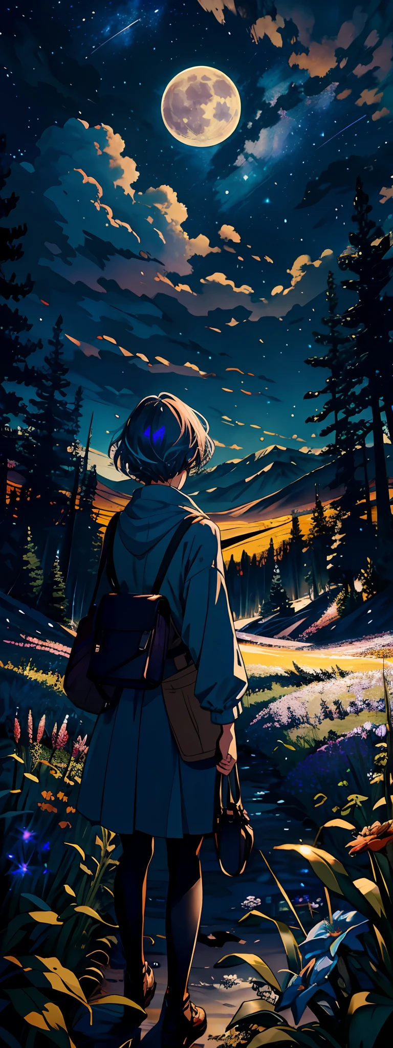 Expansive landscape photograph, (view from below with a view of the sky and the wilderness below), girl standing in a flower field looking up, (full moon: 1.2), (shooting star: 0.9), (nebula: 1.3), distant mountain, tree break production art, (warm light source: 1.2), (firefly: 1.2), lamp, purple and orange, intricate detail, volume lighting BREAK (masterpiece: 1.2), (highest quality ), 4k, ultra-detailed, (dynamic configuration: 1.4), highly detailed and colorful details (iridescent: 1.2), (sparkling lighting, atmospheric lighting), dreamy, magical, (solo: 1.2)