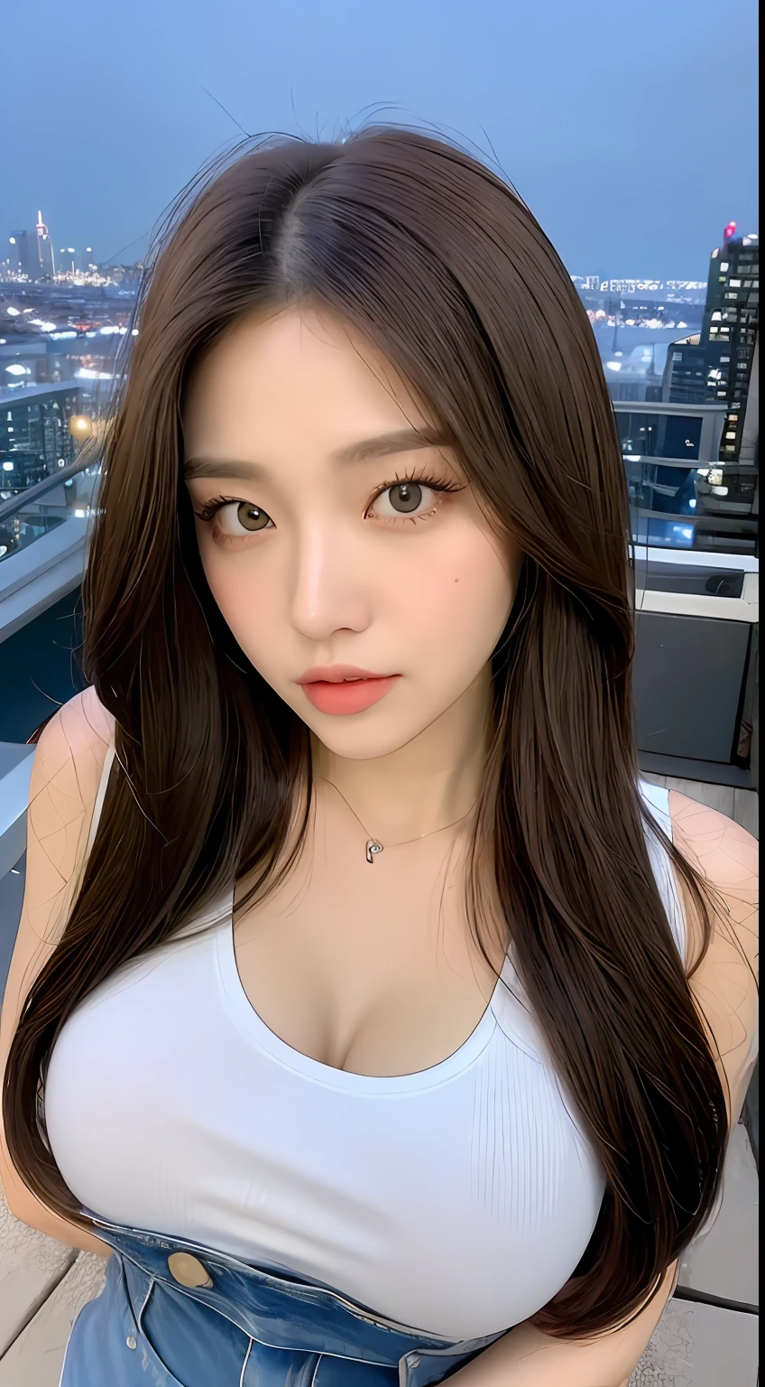((Midnight, Best quality, 8k, Masterpiece :1.3)), Whole body, Long legs, Sharp focus :1.2, A pretty woman with perfect figure :1.4, Slender abs :1.1, ((Dark brown hair, Big breasts :1.2)), (White tight tshirt, Jean bib, Standing:1.2), ((Night city view, Rooftop:1.3)), Highly detailed face and skin texture, Detailed eyes, Double eyelid