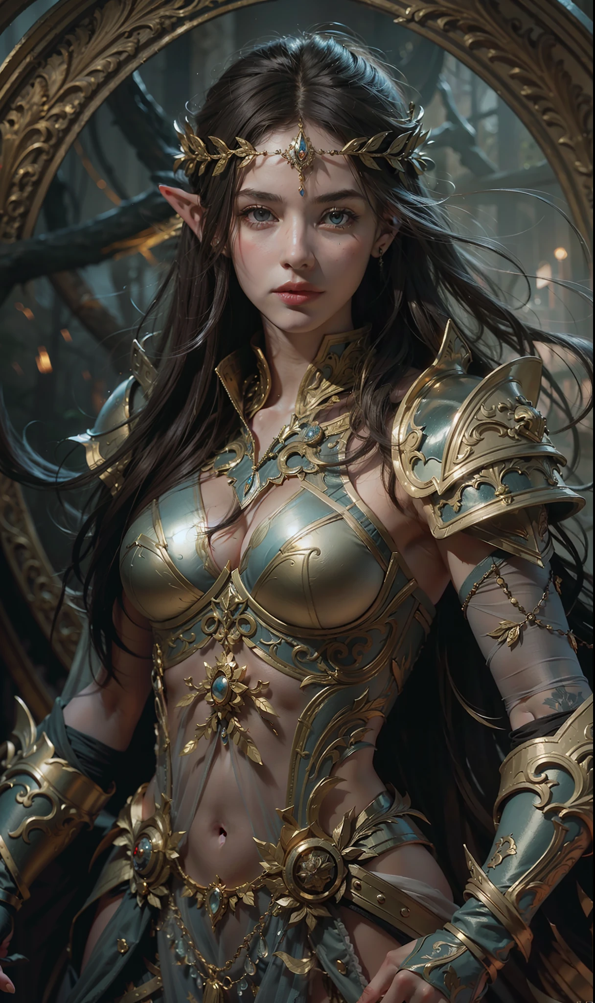 Beautiful painting of perfect female elf warrior, shapeless long hair, perfect features, (wearing extremely ornate elven armor), abstract beauty, near perfection, pure form, dynamic pose, ethereal background, (deep dark shadows), (strong cinematic lighting), (back lighting), concept art by Greg Rutkowski and John William Waterhouse and Alphonse Mucha, stunning details, intricate details, 8k post-production, High resolution, super details, trending on ArtStation, sharp focus, depth of field f/1.8, studio photos, (((looking at camera))).