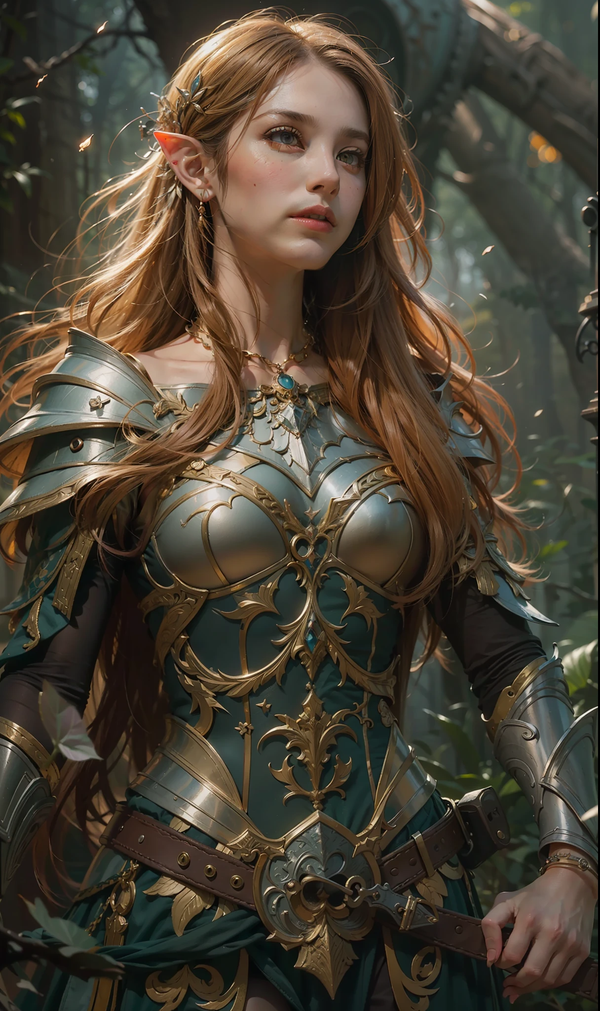 Beautiful painting of perfect female elf warrior, shapeless long hair, perfect features, (wearing extremely ornate elven armor), abstract beauty, near perfection, pure form, dynamic pose, ethereal background, (deep dark shadows), (strong cinematic lighting), (back lighting), concept art by Greg Rutkowski and John William Waterhouse and Alphonse Mucha, stunning details, intricate details, 8k post-production, High resolution, super details, trending on ArtStation, sharp focus, depth of field f/1.8, studio photos, (((looking at camera))).