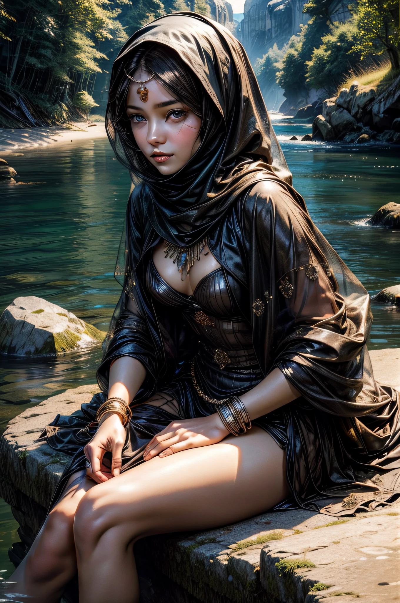 (masterpiece, best quality, high quality, high resolution: 1.4), detailed, extremely detailed, soft ambient lighting, 8K,
1girl, wearing a burqa where only her eyes are showing, light brown eyes, honey-colored eyes, beautiful extremely chiseled eyes, portrait, sitting on a rock by the riverbank, wonderfully beautiful scenery, focus on the eyes.