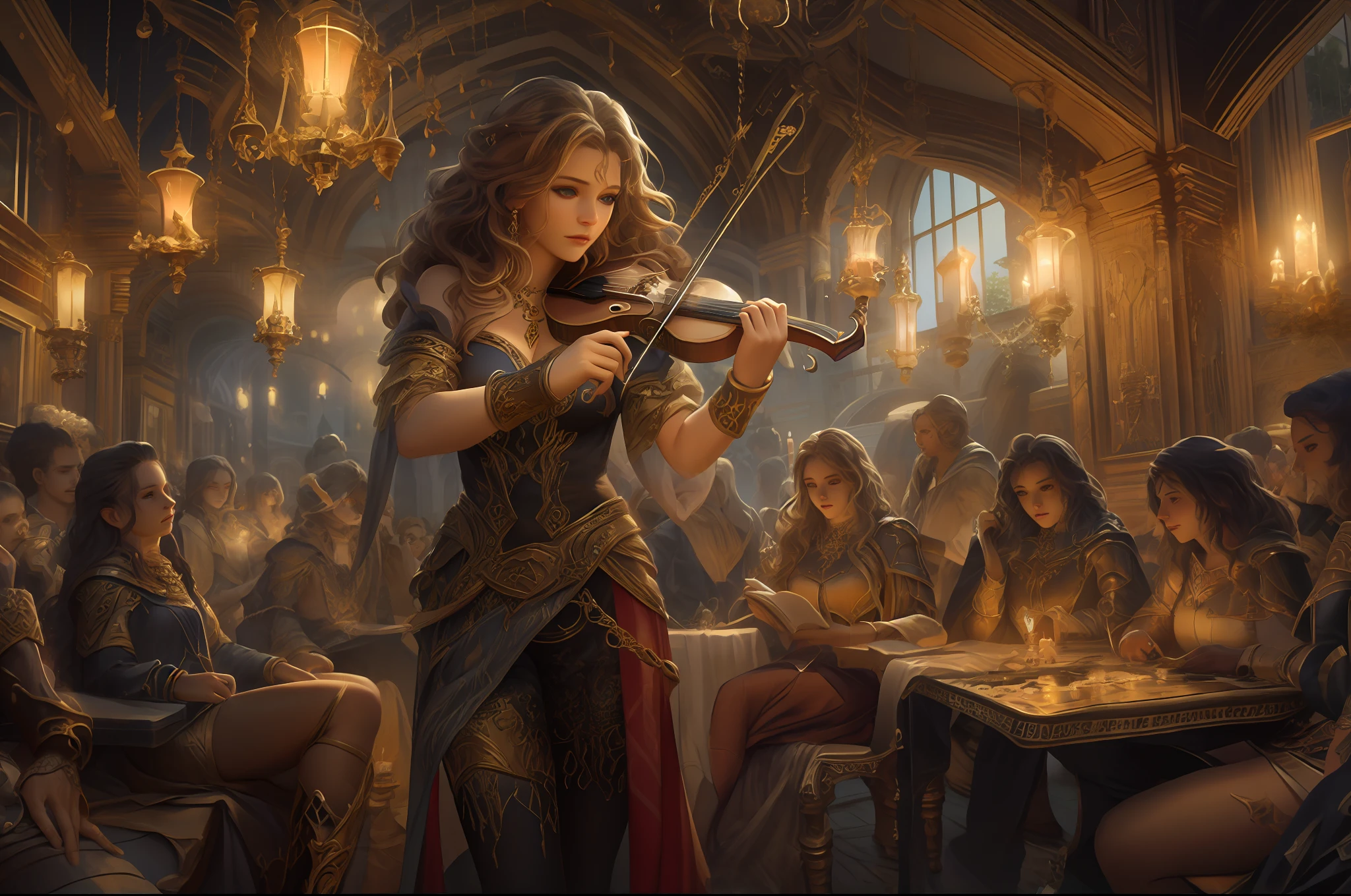 high details, best quality, 8k, [ultra detailed], masterpiece, best quality, (extremely detailed), dynamic angle, ultra wide shot, photorealistic (intricate details, Masterpiece, best quality: 1.5), fantasy art, dnd art, rpg art, realistic art, an ultra wide picture of bard playing the flute in fantasy setting tavern and enchanting the audience , full body, a human female (intense details, Masterpiece, best quality: 1.5) fantasy bard, fantasy enchanter,  playing a flute and enchanting people with magical song, colorful clothes, dynamic clothing, epic beautiful female bard (intense details, Masterpiece, best quality: 1.5), dynamic hair, long hair, wavy hair, tavern full of crowd, many people (intense details, Masterpiece, best quality: 1.5), bard playing flute and enchanting audience  (intense details, Masterpiece, best quality: 1.5), candles lights, fantasy chandelier, magical notes, magical sigils in the air  (intense details, Masterpiece, best quality: 1.5)