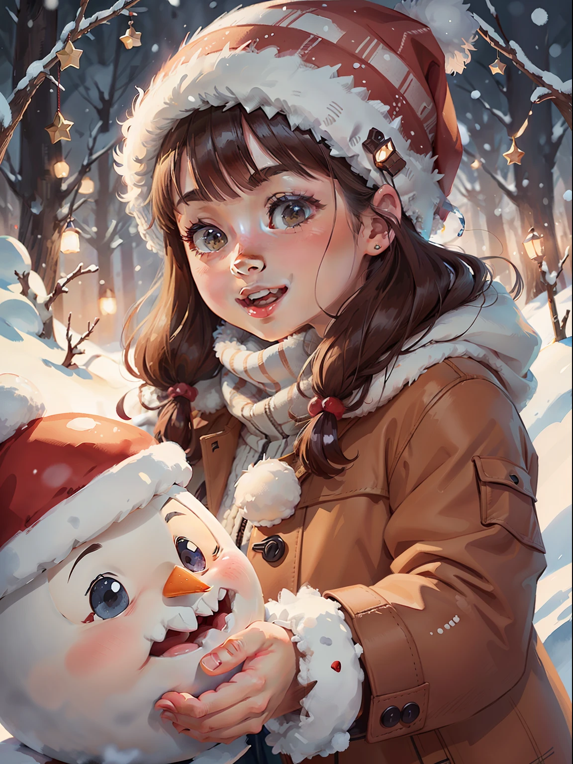 Girl wearing winter coat ,Winter scene, snow, perfect light and shadow, Christmas eve, high-key style, low saturation, super details, happy , ball head, Christmas vibes, snowman, illustration style, watercolor style, more details, no flowers, more background