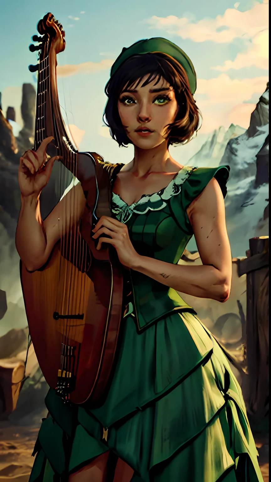 (cowboy shot), sfw, (masterpiece), (best quality:1.0), (ultra highres:1.0), detailed eyes, BREAK OpalTLOK, 1girl, green eyes Brd_Glam, bard outfit, playing harp, frills, pointy hat, corset, BREAK (random location, gorgeous view)