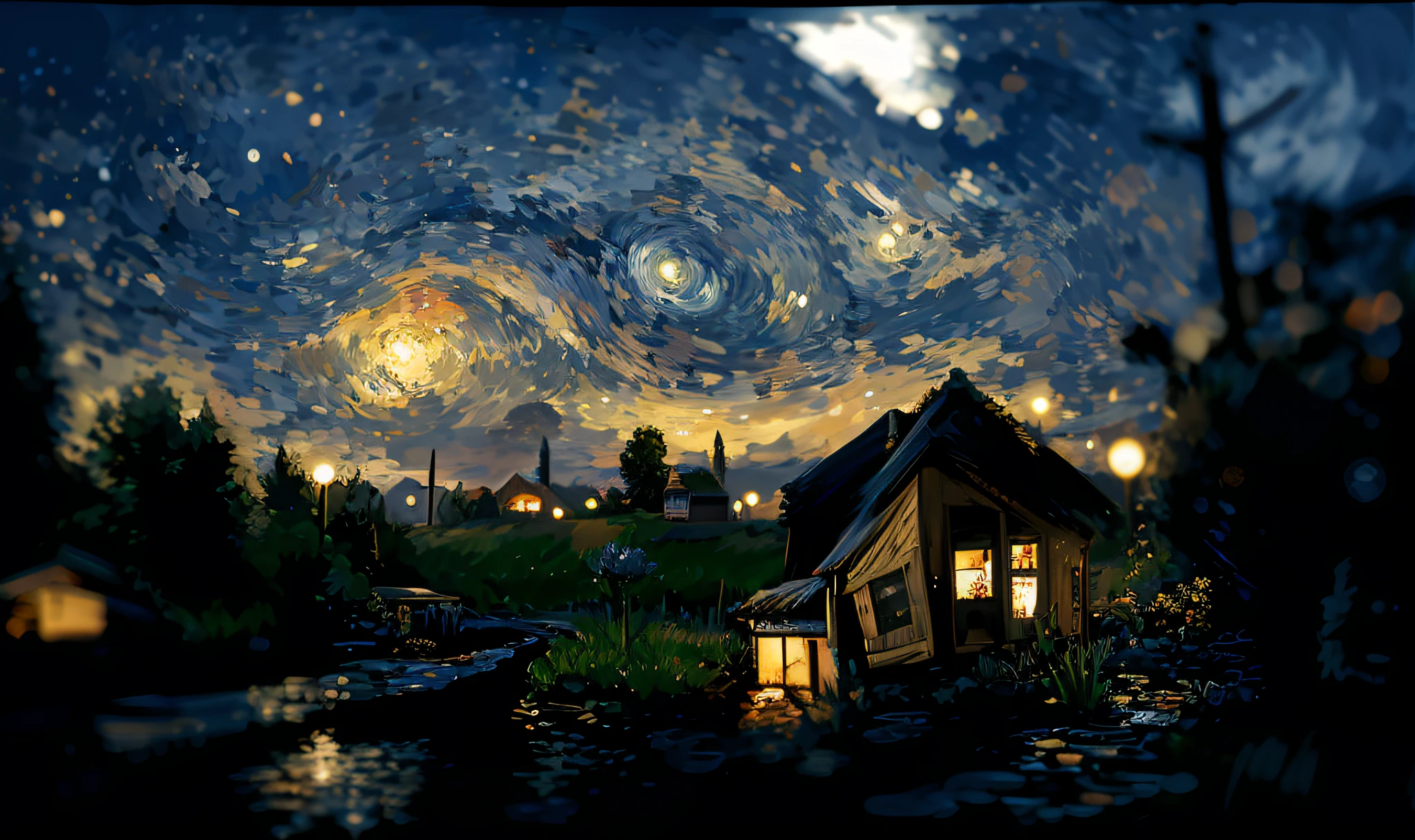 starry night scene with a small house and a pond, in style of van gogh, van gogh art style, van gogh style, vincent van gogh style, 4k highly detailed digital art, style of van gogh, starry-night!!!!!!!!!!!!!!!!!!!!, style of van gogh starry night, inspired by Van Gogh, starry night, in the starry night