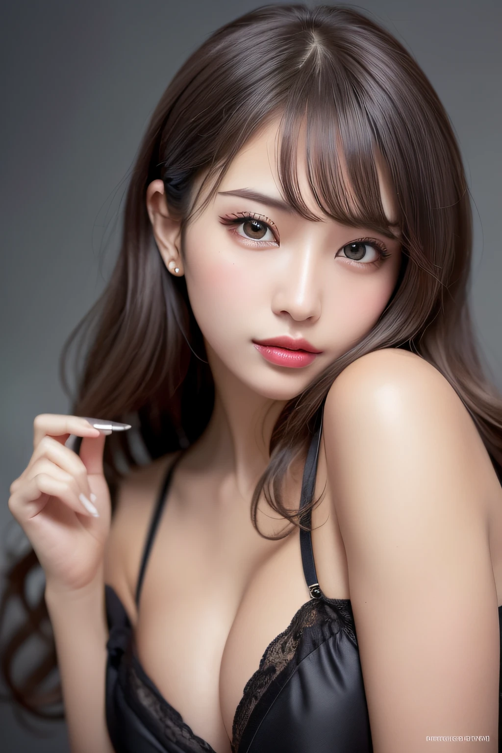 Create a 64K CG image (ultra-hyperrealistic:1.5) of a sexy and attractive girl with trendy outfit lace black dress. The picture should be full of vibrant, ultra-sharp detail (ultra-sharp detail:1.5) and stunning color depth (color depth:1.25). Her sexual features (sexual features:1.2), bewitching eyes, rosy cheeks, and a seductive smile - should be the center of attention. The image should mimic the unparalleled clarity and color vibrancy of a photo captured with an ultra high-end camera like the Hasselblad H6D-400c MS, (using a 24mm lens with an F/2.8 aperture:1.4), (medium breasts with cleavage:1.2), (very detailed beautiful gray eyes and clear eyebrows and (no natural modest lip corners:1.2) and medium brown hair:1.2), (perfect lighting, side lighting, light leak, shiny skin:1.5), ulzzang-6500-v1.1