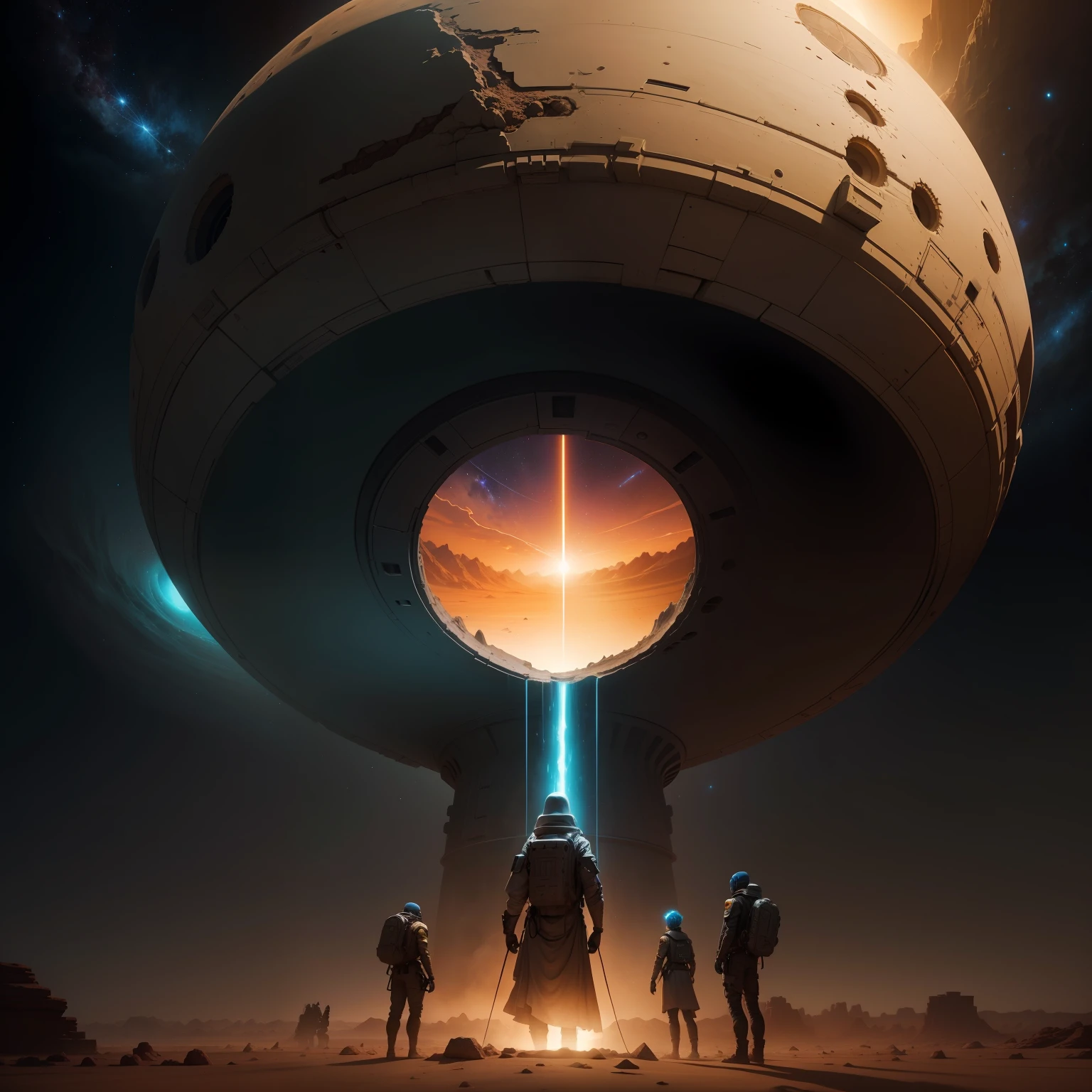 Type of Image: Sci-fi book cover illustration
Subject: A group of intrepid explorers encountering an ancient alien artifact buried deep within an alien desert. The artifact is a monolithic structure covered in mysterious symbols and engravings. The desert is illuminated by the distant glow of a binary star system. Alien wind currents create sandstorms in the distance. The image is inspired by the sci-fi book covers of Michael Whelan, capturing the sense of wonder and mystery. The camera shot is a high-angle shot, showcasing the explorers and the artifact against the alien landscape. Use a wide-angle lens to emphasize the scale. The lighting is a mix of starlight and the binary star system's glow, creating an eerie ambiance. The resolution should be 4K to capture the artifact's details and the vast alien desert."