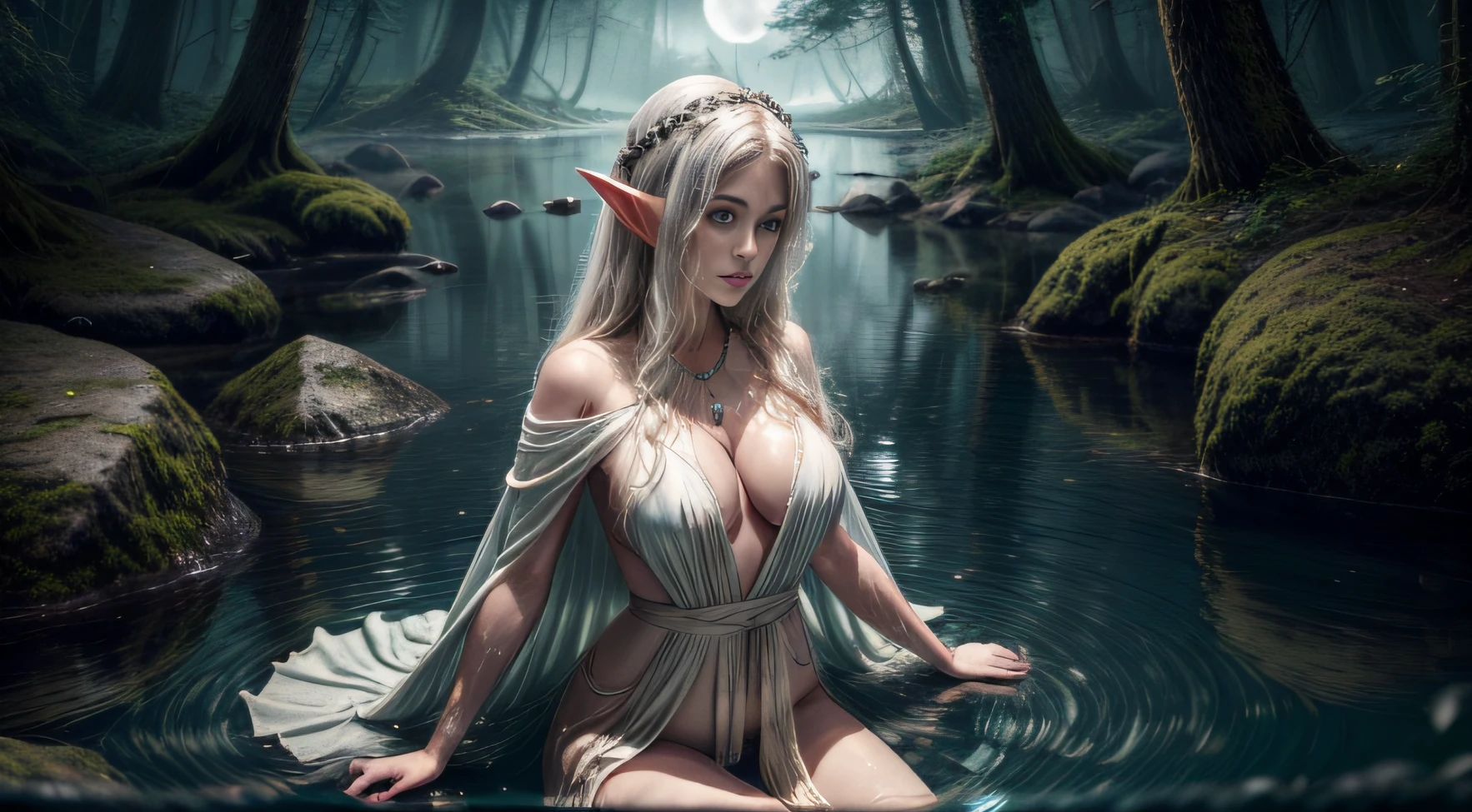 Masterpiece: 1.3), (8k, Photorealistic, Photo RAW, Best quality: 1.4), (UHD), (Ultra high realism), (Ultra high definition), (Ultra high detail), (Increase contrast), (Increase saturation), (((1girl:1.3))), An elven woman, ((looks like a hybrid of Cabie Smulders and Eva Mendes, 21 years old))) (realistic face), with a perfect figure: 1.4, Cute face, Beautiful face, (Realistic face), ((Elf ear)), Beautiful hairstyle, Realistic bright amber eyes, Beautiful details, (Realistic skin), Pale, smooth and luminous skin with iridescent shine and no imperfections, Ultra high definition, Ultra realistic, Highly detailed, (Large breasts: 1.3), (Cleavage: 0.8), The elf swims gracefully under the water of the lake, her movements create intrigue and anticipation in the darkness. The flow of the water around her gown and her hair, which floats like liquid silver snakes, creates a mysterious atmosphere. The lunar light enhances her texture and sheen, making each strand move with elegance and fluidity, bringing movement to the scene. In the dimness of the lake and under the moonlight, her hair appears to be woven with the essence of the forest, giving it a magical quality. (Green straight hair, large breasts: 1.3), (Neckline), ((wears A necklace of crystal beads captures the moonlight and water as she dives, reflecting soft, shimmering colors. )), ((Slender figure: 1.2)), (Toned waist), firm, curvaceous buttocks, ((plunging neckline)), ((She wears an ancient Greek-style toga, flowing and light, with soft fabrics that drape in layers around her figure. The fabric clings to the water, highlighting her slender silhouette, while intricate details at edges and neckline add elegance.)), Shot in 70mm, HQ, 8K (film grain: 1.3), 8k UHD, DSLR, soft lighting, high quality, HDRI, Fujifilm XT3