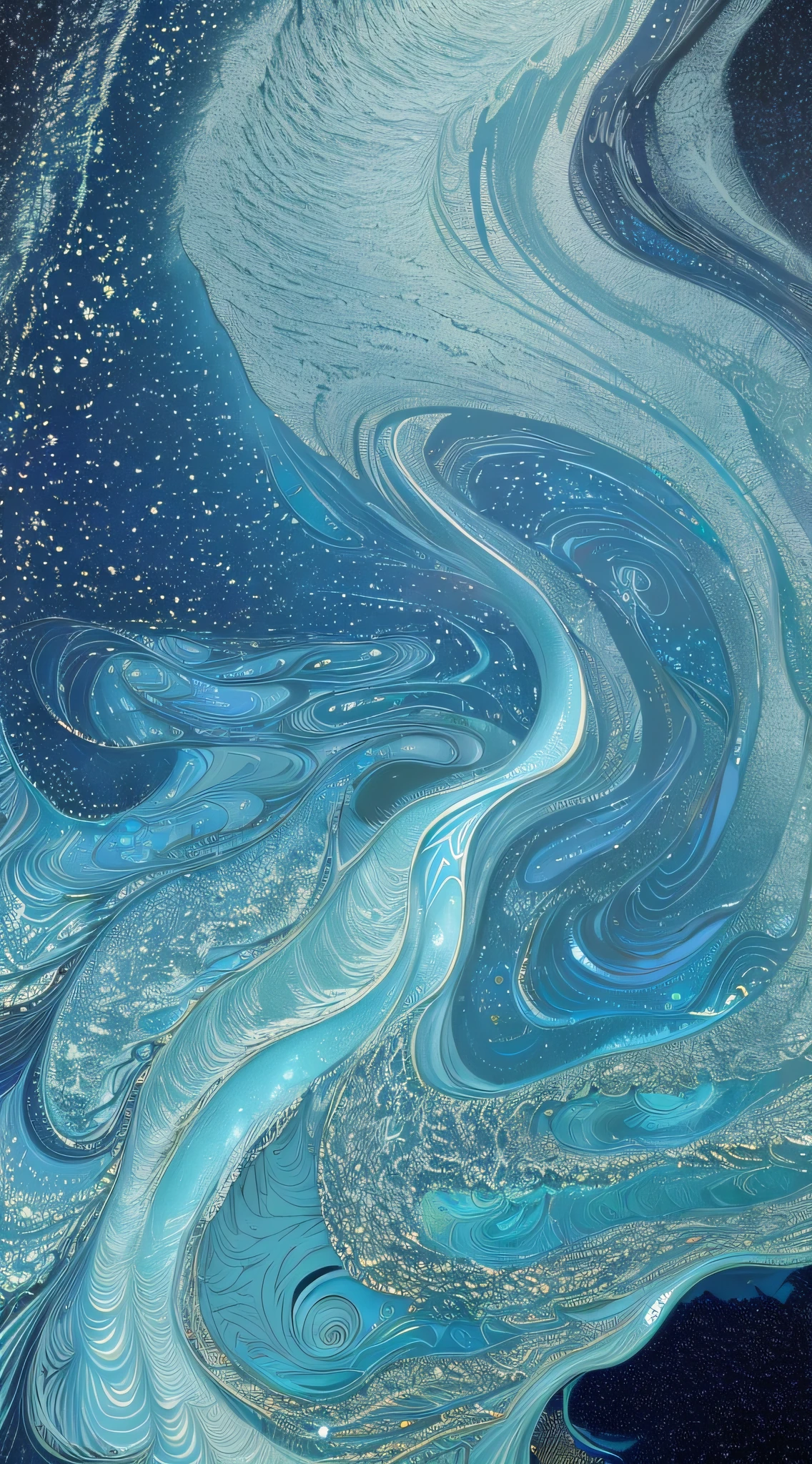 There is a lot of foam, Inspired by illustrations by Yuko Shimizu, cg society contest winner, Ukiyo-e, ocean pattern and night sky,, ocean pattern, The stars are the abyss details of the sea, , James S. ysz,deep blue background