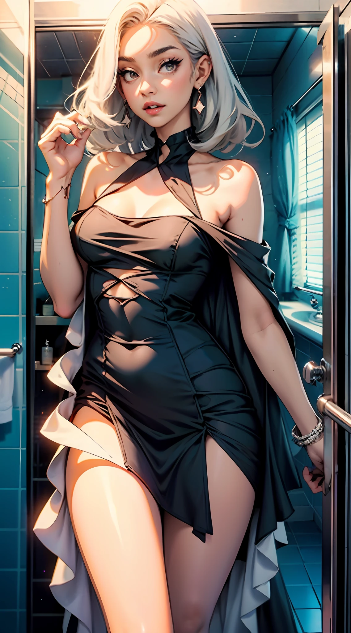 Woman in short skirt posing in bathroom, Sexy dress, light half opened dress, opened dress, low cut dress, simple dress, Open V chest clothes, floating dress, Long dress, Bandeau Dress, tall thin beautiful goddess, is wearing  dress, height of 165cm, Slender waist, wearing dresses, Luxury dress