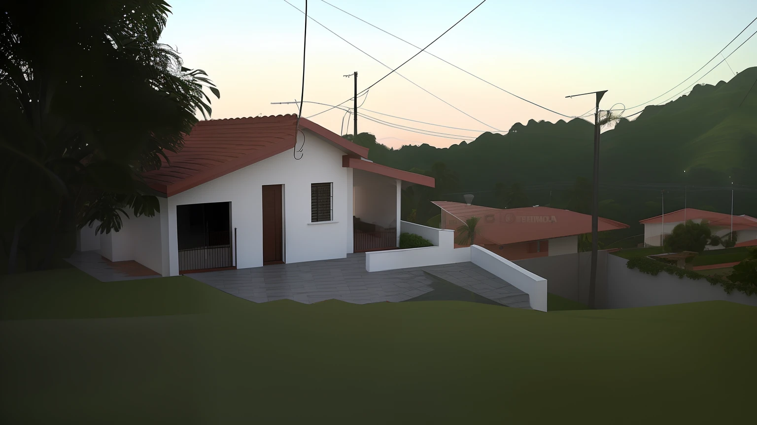 There is a small white house with a red roof and a red tile roof, Lumion Pro rendering, Directed by: CeFerí Olivé, vista externa, vista exterior, casa completa, imagem frontal, casa de aldeia, Location ( favela ), visto de fora, uma casa, Casa colonial no fundo, by Rodolfo Amoedo, Casas, Directed by: Willian Murai, vista frontal, casa velha, Vista frontal
