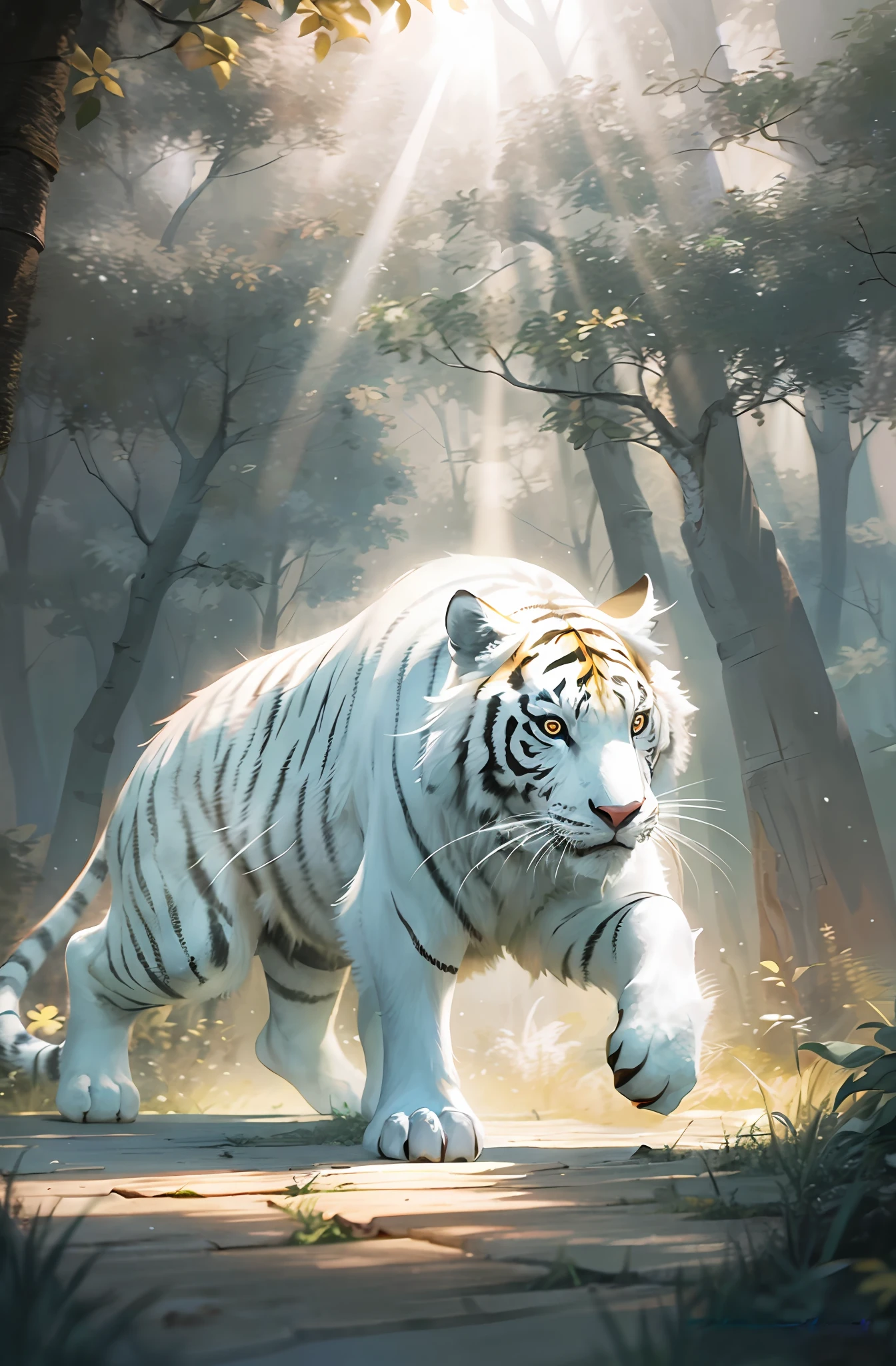 holy tiger, white light. walking, animal only, holy light, white sun