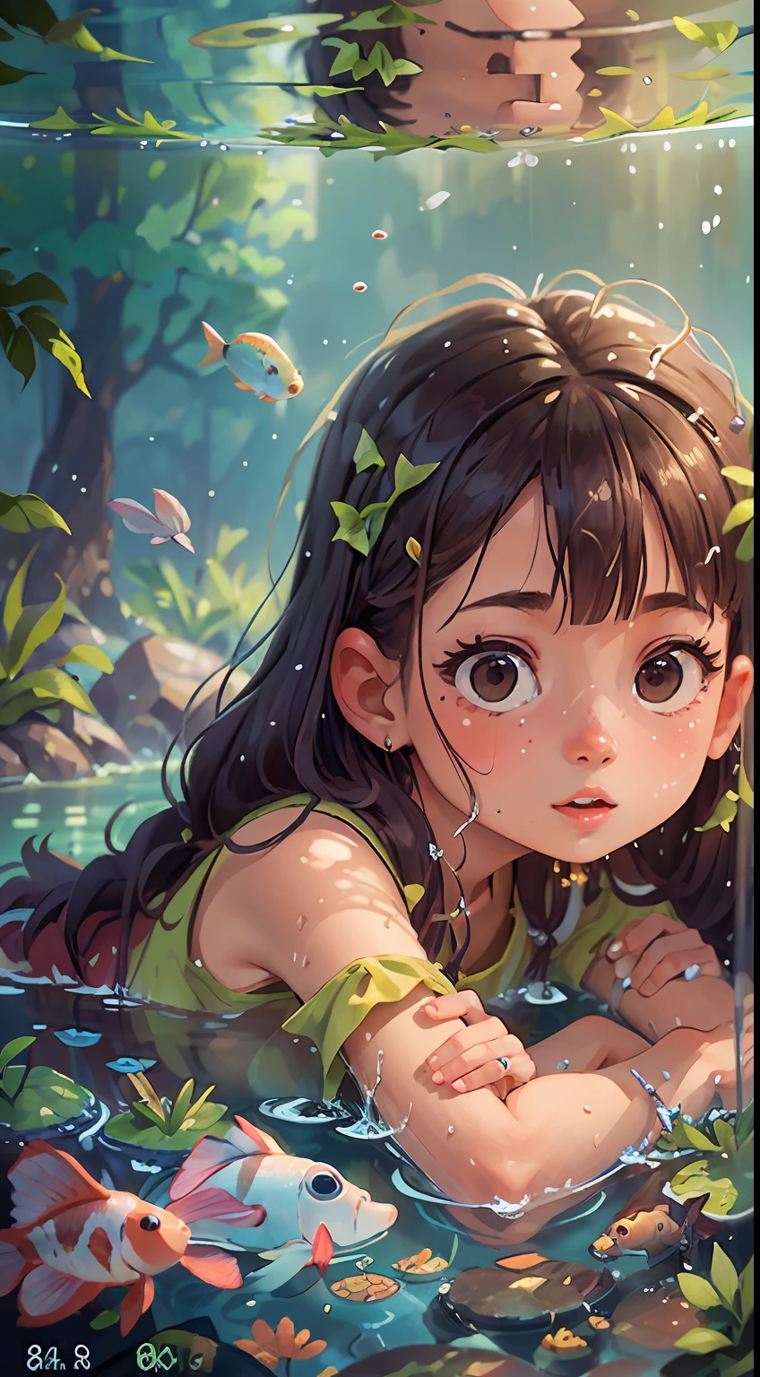 Girl, Water Play, Summer, Perfect Quality, surrounded by fish , dive at pond,Clear Focus (Clutter - Home: 0.8), (Masterpiece: 1.2) (Realistic: 1.2) (Bokeh) (Best Quality) (Detailed skin: 1.3) (Intricate Details) (8K) (Detail Eyes) (Sharp Focus), (Happy)