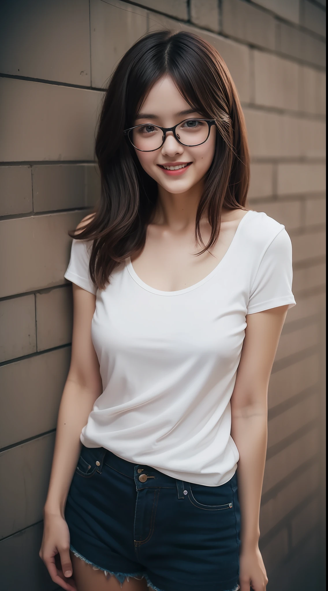 Pretty young Margaret Qualley, The Last of Us, Game, glasses, white shirt, tight shirt, horizontal striped shirt, wearing nice top, low neckline, wearing simple, tight clothes, short shorts, ((dark tights)), hyperrealistic , , model body, small breasts, beautiful breasts, long hair, layered hairstyle, blonde hair, long legs, 8k, lakefront, cherry blossom, sunlight, led lighting, blood on the wall, pool of blood, full of human remains, detailed reflection, anime style, smiling