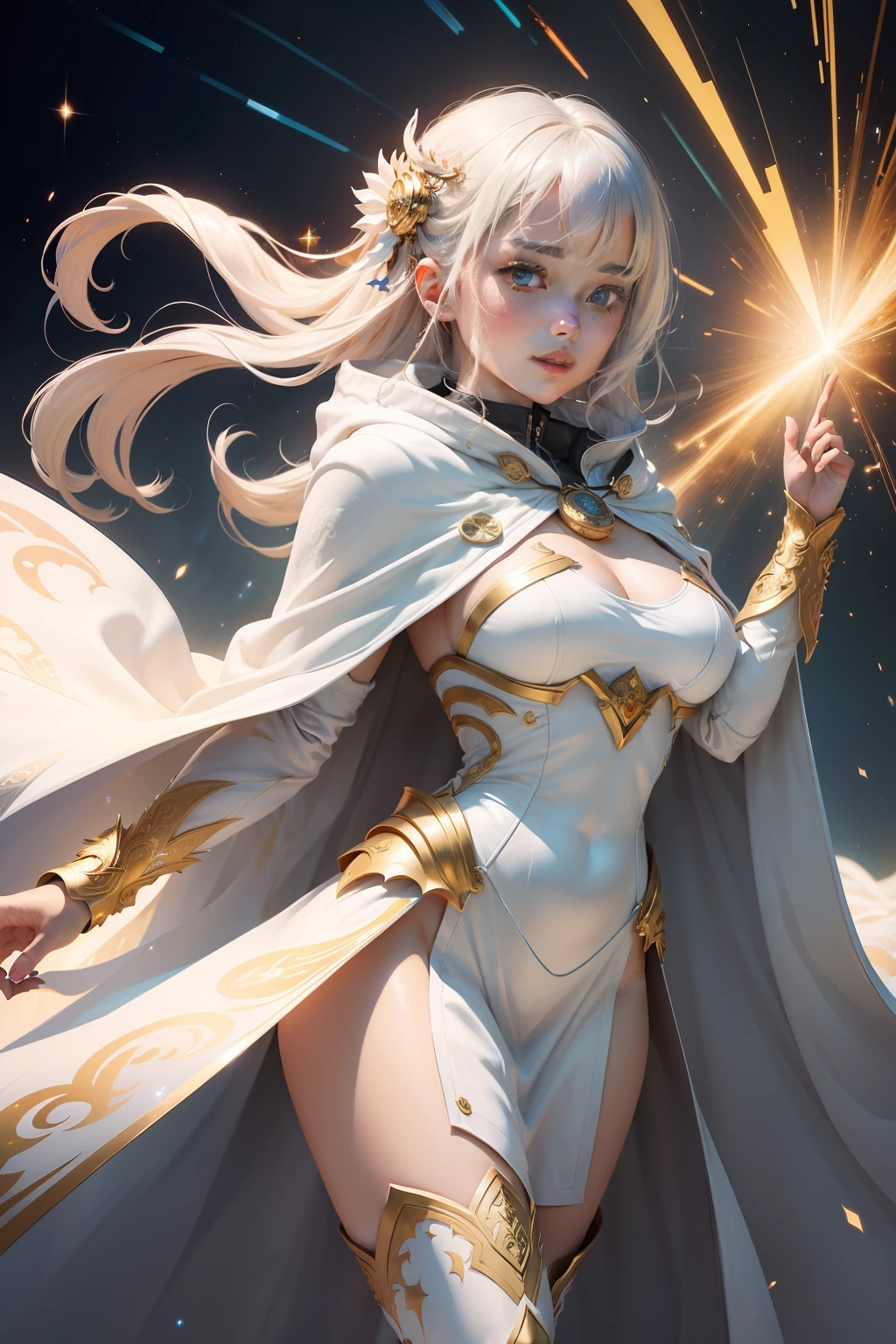 (masterpiece, top-quality, top-quality, Official Art, Beautifully Aesthetic:1.2), (1girl in), ighly detailed, (Fractal art:1.3), colourfull, highestdetailed, face perfect, The upper part of the body, HDR, (doa:1.3), (Golden lines in a white cloak:1.2), intergalactic, (Streaks of Light), striking visuals, (Dynamic streaks, Bright trajectory:1.2), vivd colour、White Dragon and Beauty