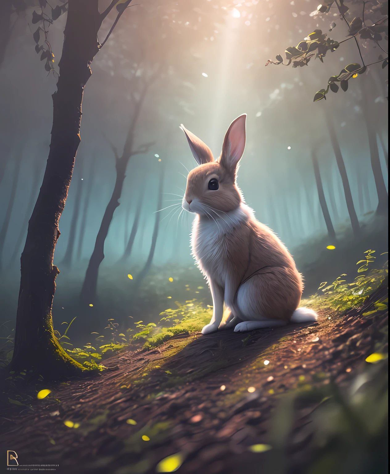 Close up photo of a rabbit in enchanted forest, late night, in the forest, backlight, fireflies, volumetric fog, halo, bloom, dramatic atmosphere, center, rule of thirds, 200mm 1.4f macro shot