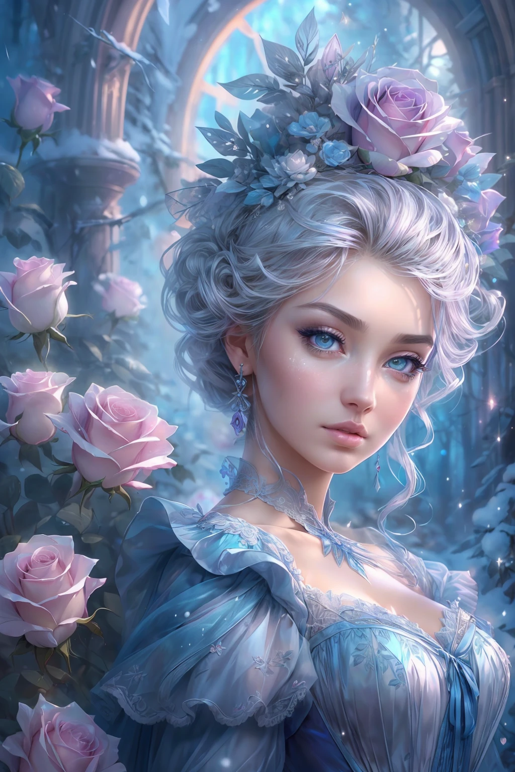 This is realistic (((fantasy))) artwork set in the frozen rose garden of an enchanted ice castle in winter and should consist of many shades of cold blue colors. It is snowing heavily. Generate a proud woman with a (((highly detailed face))) dressed in the billowing folds of a stunning French silk ballgown. The woman's elegant face is ((((highly detailed, with realistic features and soft, puffy lips.)))) The ballgown is embellished with ruffles, sashes, and bows and a delicately, but intricately, hand-embroidered bodice. The corset features silk ribbon. She is wearing Victorian royal winter outer clothes. The woman's stunning eyes are beautifully detailed, featuring realistic shading and multiple colors, and in high resolution. The woman is in a garden of eternal roses, each one beautifully formed and highly detailed. These realistic roses feature shimmering shades of light blue, dark blue, silver, and glimmering blue-purple. The eternal rose is a deep shade of periwinkle with shimmering iridescent overtones and undertones. Ensure that the woman's face, hair, and eyes are perfect. realism, high fantasy, whimsical fantasy, storybook fantasy, fairytale fantasy, fantasy details, enchanting, bewitching, 8k, hires, CGI, digital painting, unity, unreal engine, (((masterpiece))), intricate, elegant, highly detailed, majestic, digital photography, art by artgerm and ruan jia and Greg Rutkowski, (masterpiece, finely detailed beautiful eyes: 1.2), hdr, realistic skin texture, (((1woman))), (((solo))), Include a highly detailed face, extremely detailed face, and interesting background.
