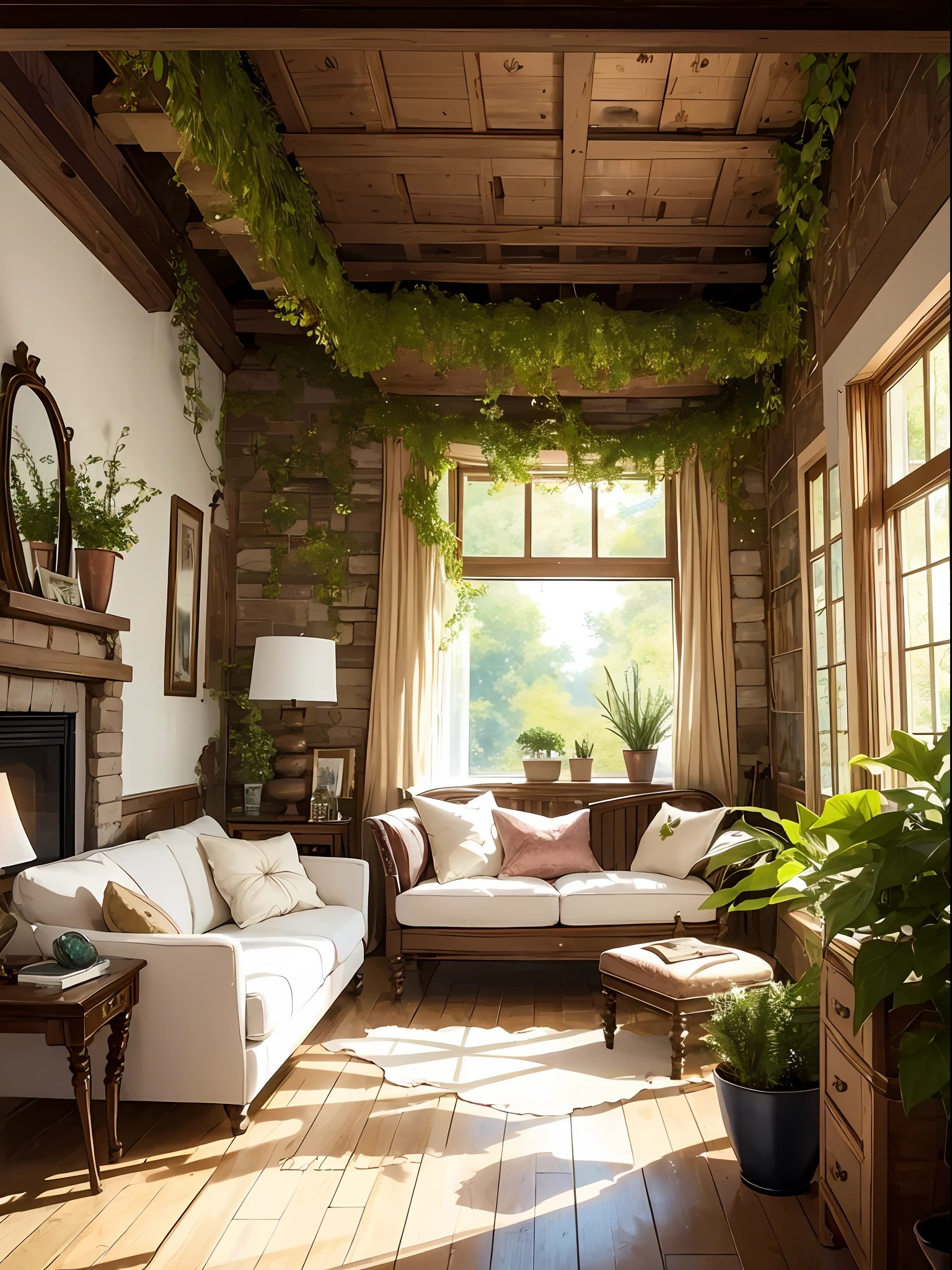 Title: "Enchanting Lofi Haven: Anime-Inspired Dreamy Bedroom Design"

Introduction:
Transform your bedroom into an anime-inspired sanctuary with a dreamy lofi vibe. Embrace the essence of summer evenings with a refined aesthetic, featuring a cozy fireplace, wooden sofa, hanging ivy over the bed, a big window, a floor lamp, potted plants, curtains, and the best Lora and model. Let's dive into the details of this enchanting bedroom design!

1. Fireplace:
Set the mood by incorporating a charming fireplace into your anime-inspired bedroom. Opt for a traditional brick or stone design to enhance the cozy ambience. Adorn the mantle with decorative anime figurines or framed artwork to infuse your personal touch.

2. Wooden Sofa:
Choose a comfortable wooden sofa with plush cushions, adorned with adorable anime-themed throw pillows. Opt for warm, earthy tones like honey brown or mahogany to create a calming atmosphere.

3. Hanging Ivy over Bed:
Add a touch of nature's beauty to your bedroom by hanging ivy over your bed. The cascading foliage will create a whimsical and ethereal vibe, perfect for your anime-inspired sanctuary. Consider using fairy lights intertwined with the ivy to add a magical glow to your dreamy haven.

4. Big Window:
Welcome natural light and stunning views into your room with a large window that serves as a focal point. Enhance the view by incorporating window seats or comfy cushions, providing a cozy spot to relax and indulge in your favorite anime series.

5. Floor Lamp:
Light up your space with a stylish floor lamp featuring a soft, warm glow. Choose a lamp with a unique, anime-inspired design to enhance the overall theme of the room. This lighting element will create a tranquil ambiance during your late-night anime sessions.

6. Potted Plants:
Bring the outdoors inside by placing small potted plants strategically around your room. Opt for leafy plants such as ferns or spider plants to add to the natural aesthetic.