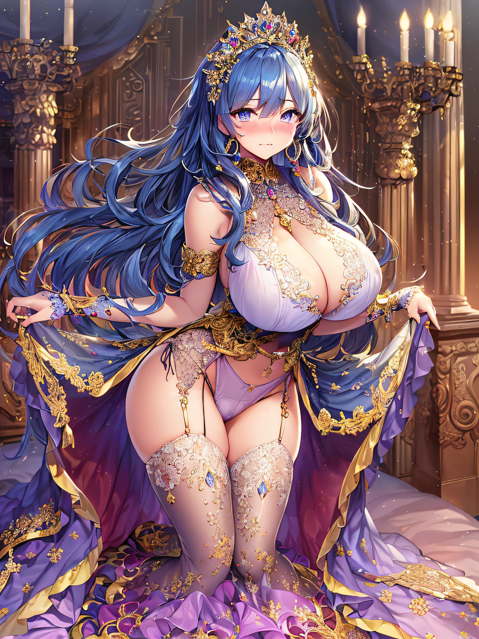 ((anime artstyle)),(Masterpiece),(Best Quality), (Super Detail),((Very Delicate and Beautiful)),(((Solo))),(1 princess in beautiful embroidery and jeweled gorgeous rococo ball gown dress with voluminous full length hoop skirt with a tucked up skirt)),royal bedroom,(((dress skirt lift by self))),((((Gorgeous embroidery and lace panties with jewels,cameltoe)))),garter belt,focus pantie,((bling-bling)),Long train,(bling-bling gorgeous gemstone jewelry),detailed face and eyes,jewel-like eyes,cry,((embarrassed)),((large amount of straight hair,extremely voluminous Very Long Hair,Very Long Straight Hair)),(((gigantic tits,Long tits))),cleavage,(gorgeousfull embroidery and lace),gorgeous corsage,See-through,extremely gorgeousfull hair ornament,bling-bling extremely gorgeousfull jeweled tiara,ornate ruffles,(hoop skirt,crinoline),((Dynamic Angle)),Looking at viewer,((full body)),((beautiful embroidery and jeweled extremely gorgeous rococo ball gown dress with voluminous full length hoop skirt)),focus pantie,
