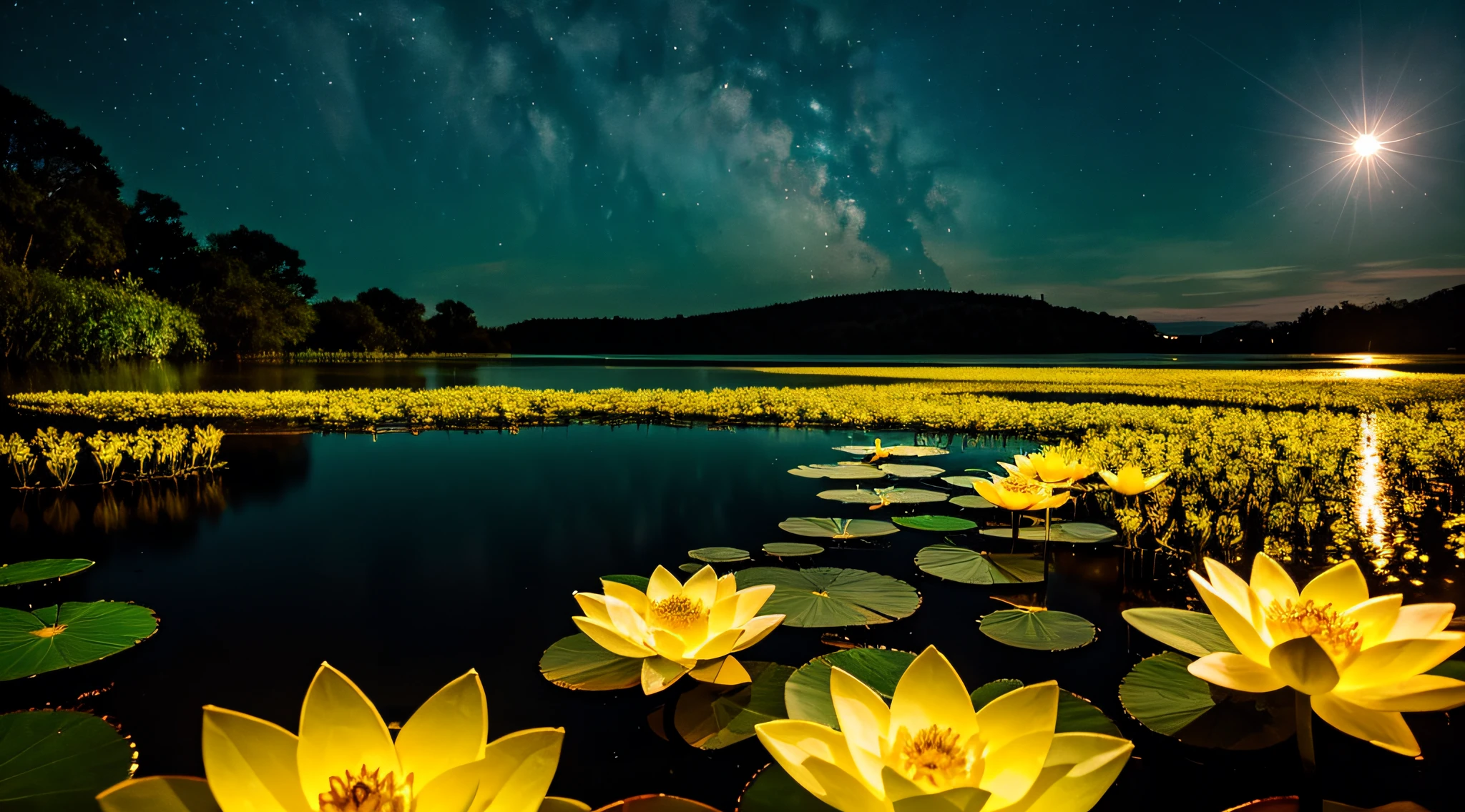 In the moonlight of the night，A pool of tranquil water rises with golden lotuses，The flowers emit a soft glow，Picturesque。The background is a bokeh green，Telephoto close-up，close up photograph，Fresh and elegant，Fresh and natural，Eye protection，Beautiful，Real flowers，high-definition photography，Rich and delicate in detail，RAW photo of the landscape，small detailed，realisticlying，Ultra-realistic photos，8K  UHD，Digital SLR，softlighting，high high quality，filmgrain，Fujifilm XT3，（tmasterpiece）