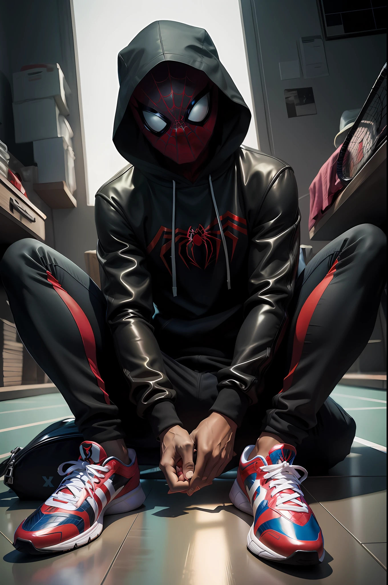 Spider - man sitting on the floor with his shoes, Miles Morales, Miles Morales!!!, Donald Glover como Miles Morales, Retrato no meio da foto, Estilo Marvel, foto de retrato, no aranhaverso, aranhaverso, Estilo futurista Homem-Aranha, estilo da maravilha, no aranhaverso, em estilo de maravilha, spider - estilo de arte verso, foto de retrato em close-up