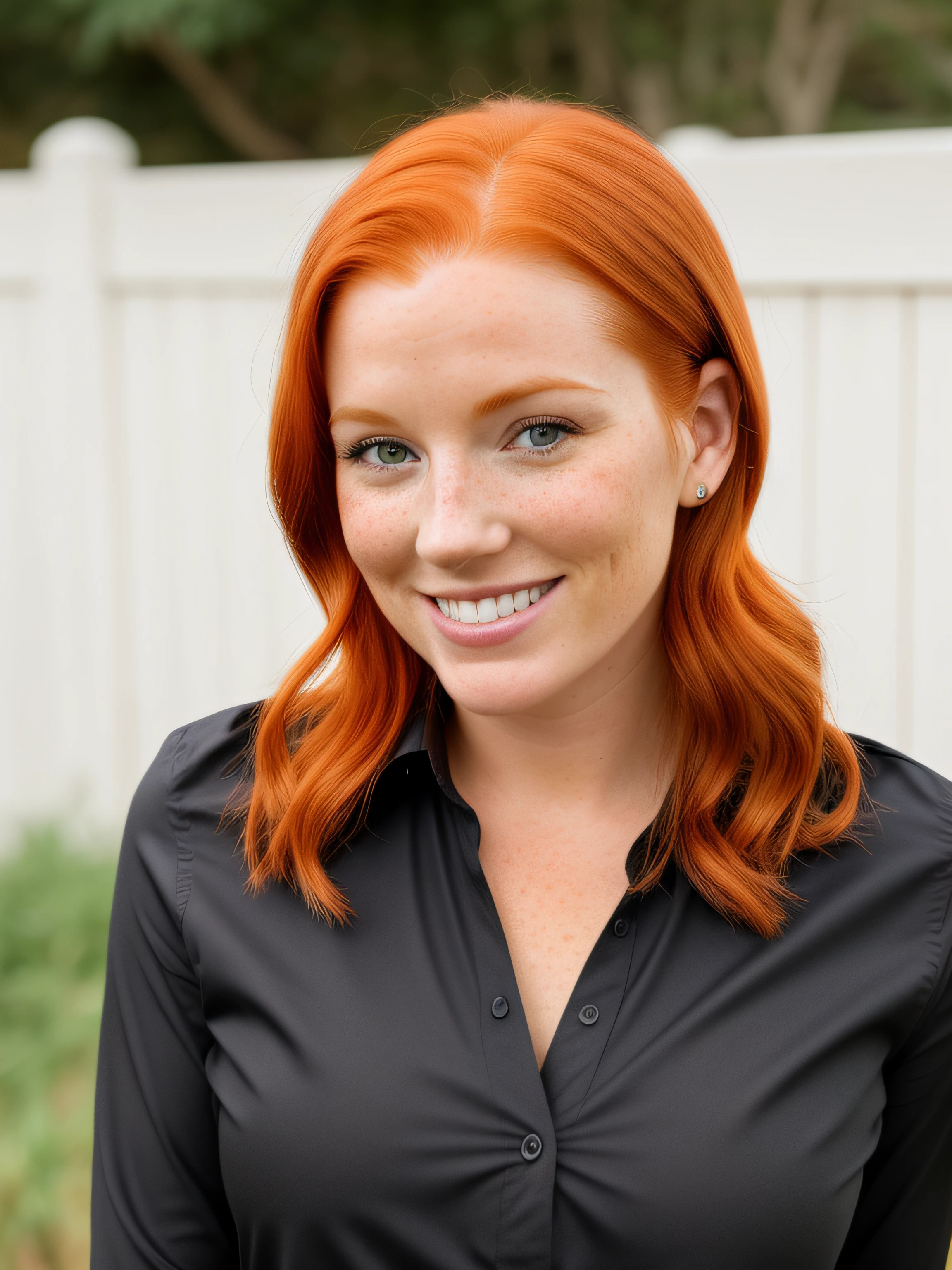 arafed woman with red hair and a black shirt smiling, professional picture, taken in the early 2020s, head and shoulder shot, medium head to shoulder shot, woman with red hair, professional headshot, a redheaded young woman, ginger hair with freckles, pictured from the shoulders up, commercial photo, genevieve o'reilly, headshot photo, professional portrait in vector style