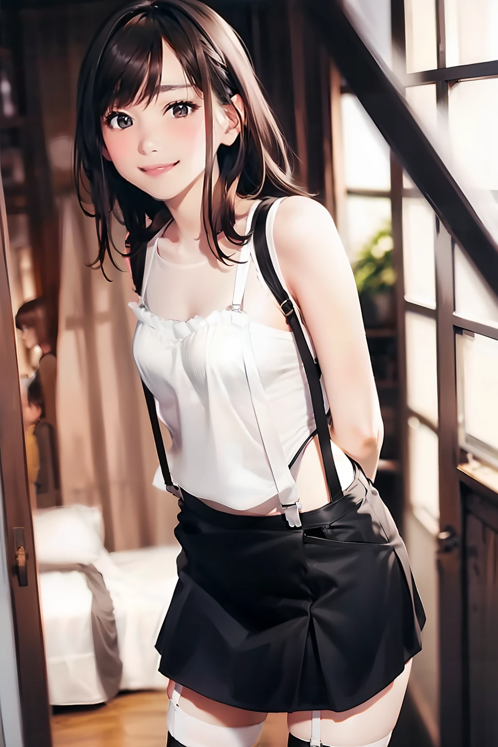 Moderate milk　　suspenders　　garters　　a smile　Black stockings　　Tank tops　a miniskirt　Brown hair　Gray eyes　flank　Fold your hands behind your back