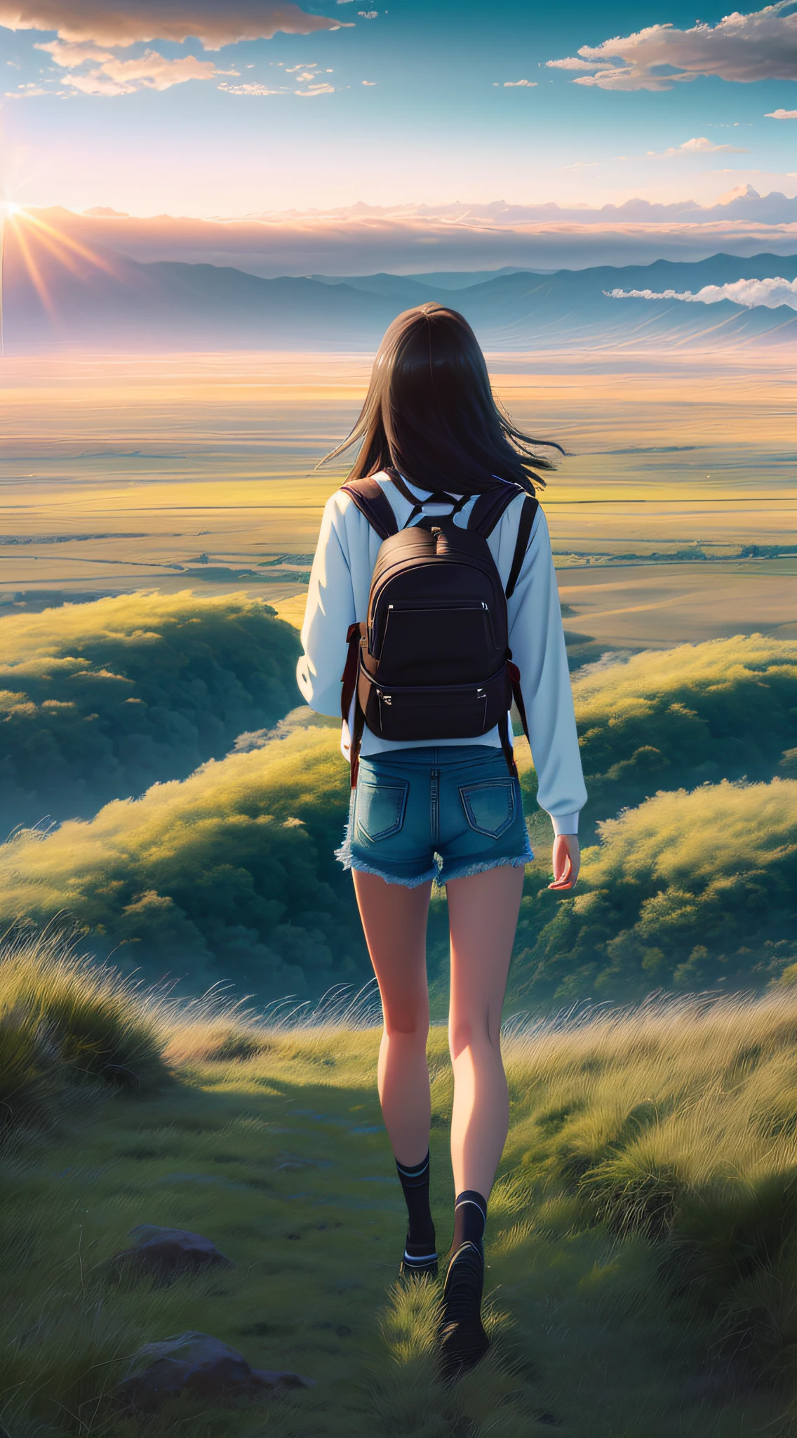 Vast sky, beautiful skyline, large grassland, strong tension and dramatic picture, moving visual effects, colorful natural light. Long sleeve top denim shorts back backpack girl, girl facing the camera