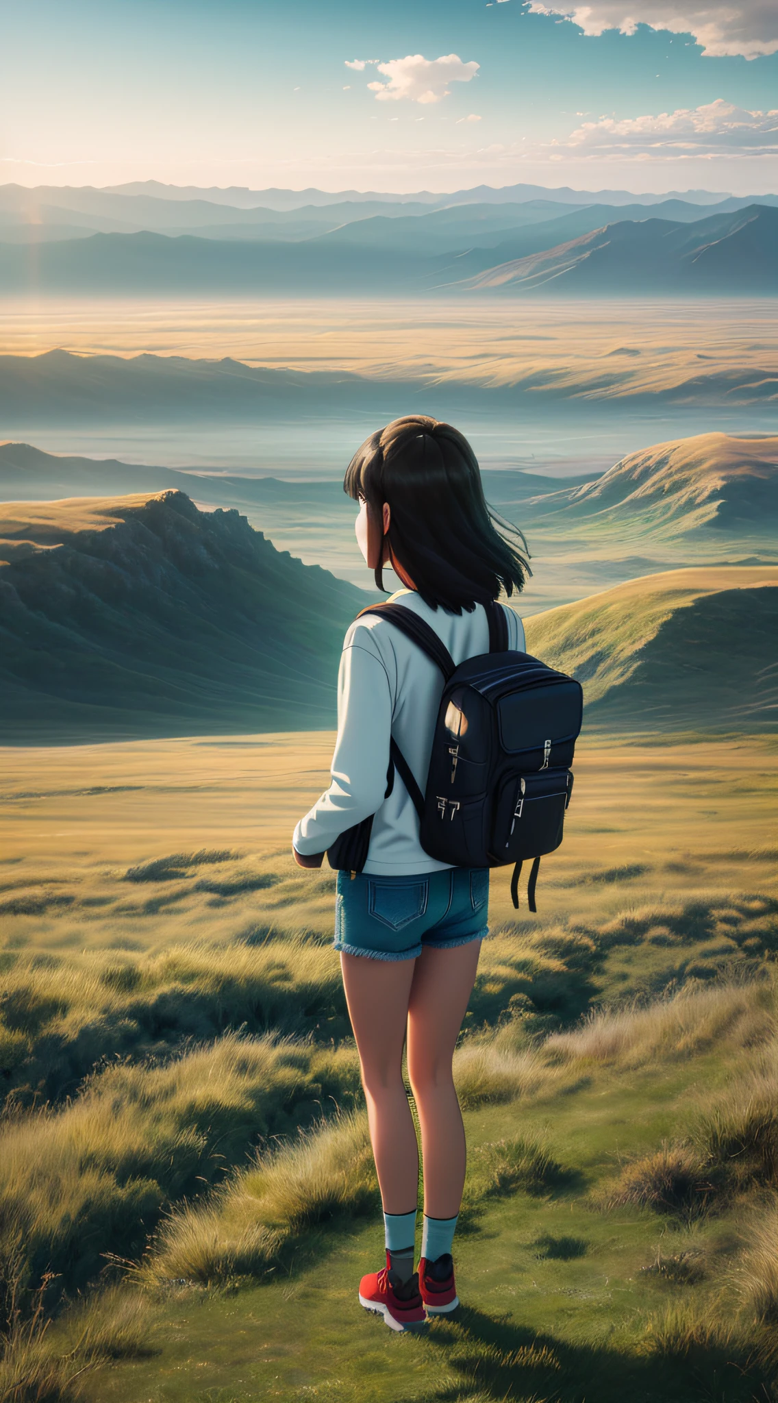 Vast sky, beautiful skyline, large grassland, strong tension and dramatic picture, moving visual effects, colorful natural light. Long sleeve top denim shorts back backpack girl, girl facing the camera