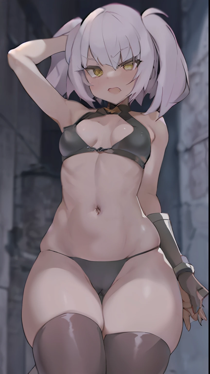 anime girl with small breasts in a black bra, rogue anime girl, 2b hairstyle, in a dungeon, badass pose, anime moe artstyle, female rouge assassin, badass anime 8 k, stoic expression, gapmoe yandere grimdark, seductive anime girl, small curvy , 1girl, solo, indoors,by Hi_mekuriguri, twitter artist hi_mekuriguri, wide hips, flated chested, midriff, fat pubis mons, cameltoe, low leg panties, short hair