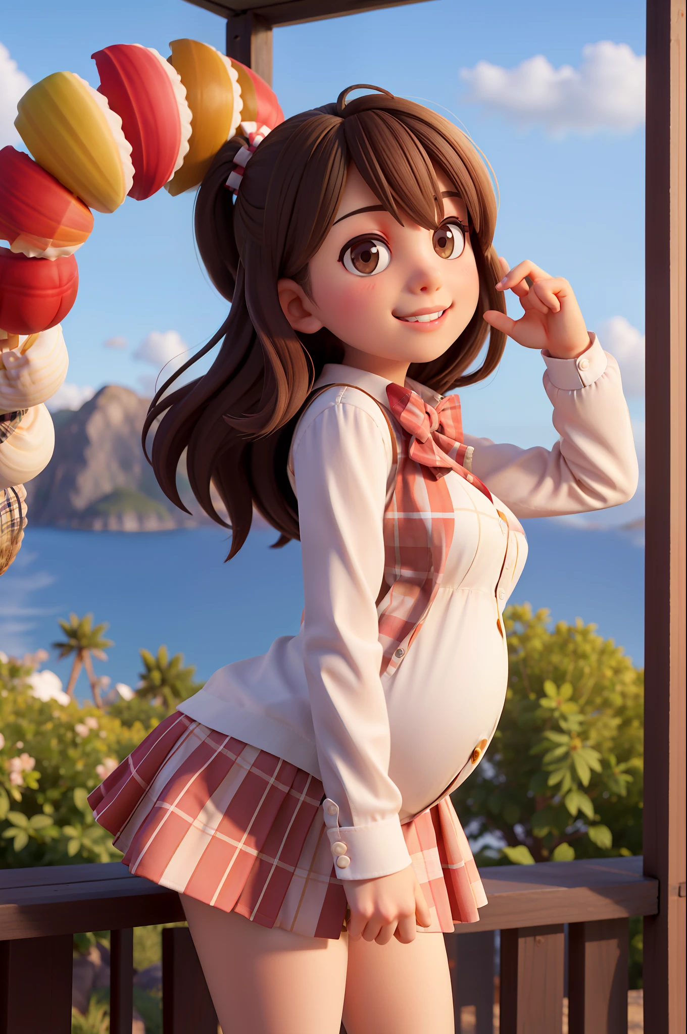 obra-prima, alta qualidade melhor qualidade, 1girl, pregnant, franja, praia, blue_sky, blush, arco, quadriculado, checkered_shirt, checkered_skirt, nuvem, cloudy_sky, 鎖骨, dia, envelope, dando, grama, hair_bow, Heart, segurando, holding_letter, horizonte, incoming_gift, kazami_yuuka, leaning_forward, lens_flare, carta, light_rays, long_hair, looking_at_viewer, love_letter, montanha, mountainous_horizon, oceano, ao ar livre, plaid, plaid_background, plaid_bikini, plaid_bow, plaid_bowtie, plaid_bra, plaid_dress, plaid_headwear, plaid_jacket, plaid_legwear, plaid_necktie, plaid_neckwear, plaid_panties, plaid_pants, plaid_ribbon, plaid_scarf, plaid_shirt, plaid_skirt, plaid_vest, POV, camisa, saia, heaven, sorriso, solo, sol, raio de sol, luz solar, tree, unmoving_pattern