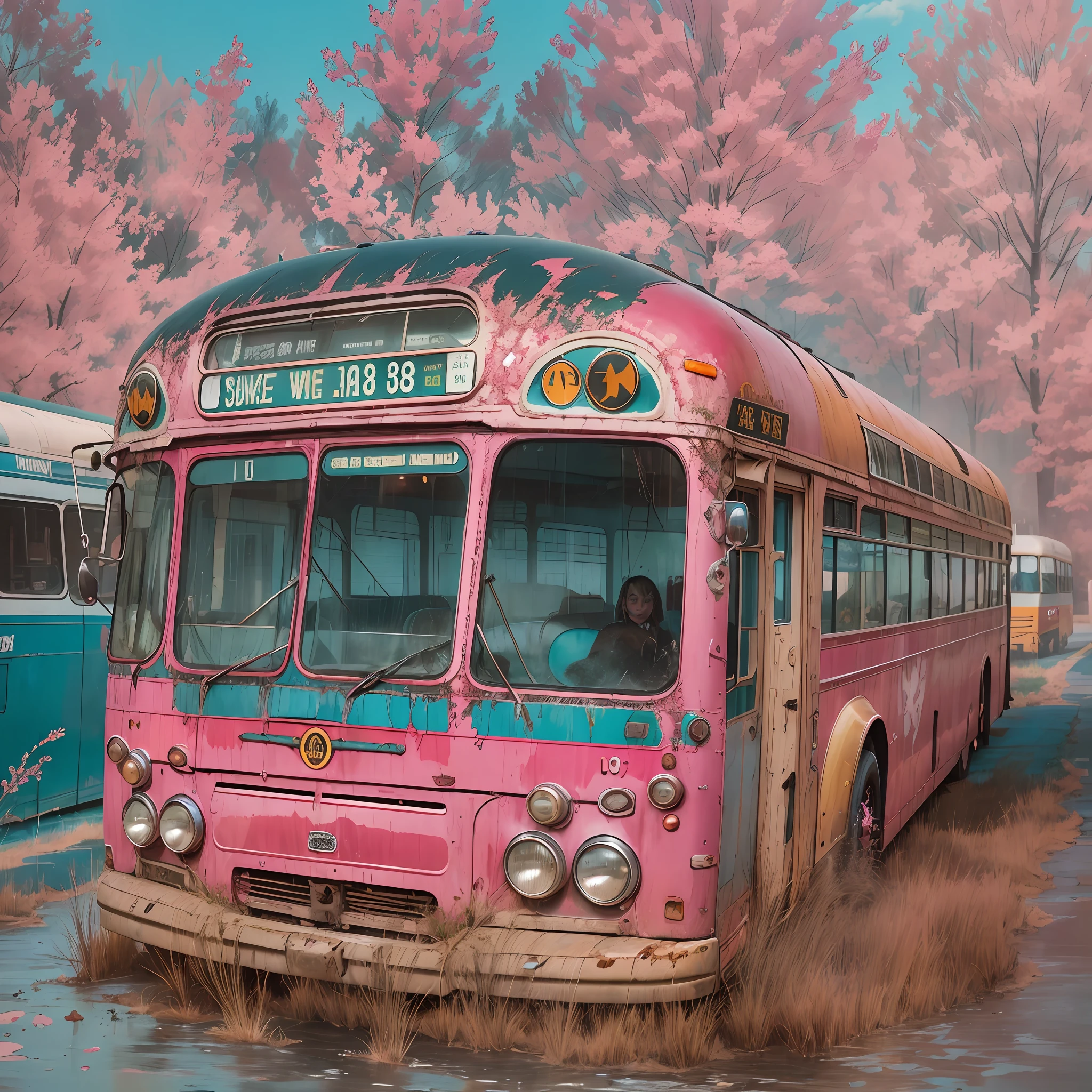 "A bus travels westward, with the windshield radiating a vibrant shade of pink, the pink hues dancing on the metal surface, delicately brushing against the worn and dented blue enamel."