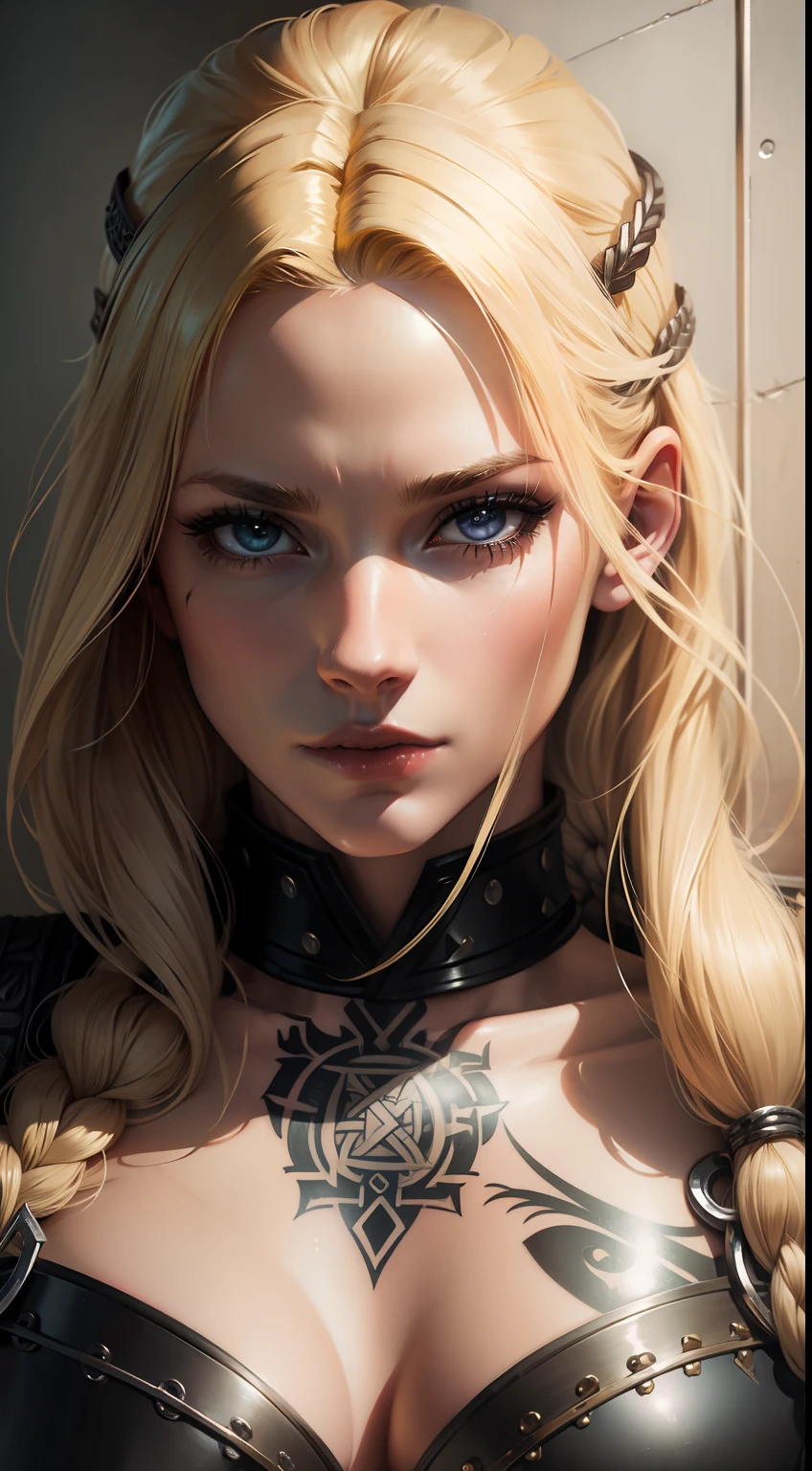 shieldmaiden, blonde, viking tattoo, portrait, ultrarealistic