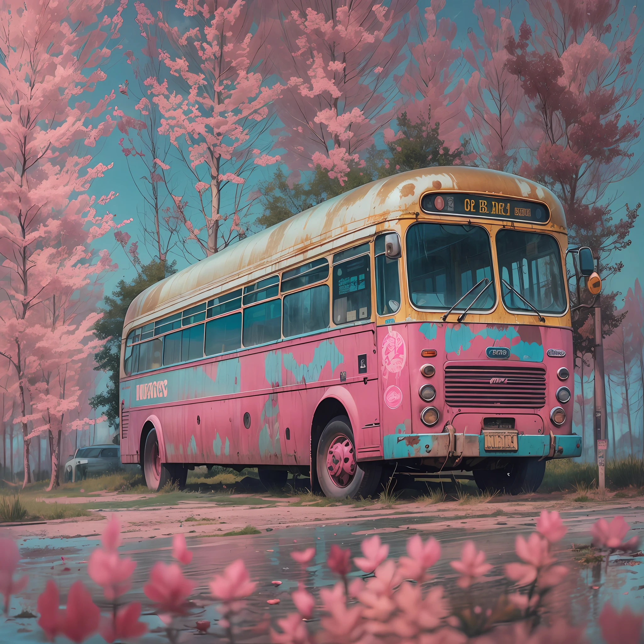 "A bus travels westward, with the windshield radiating a vibrant shade of pink, the pink hues dancing on the metal surface, delicately brushing against the worn and dented blue enamel."
