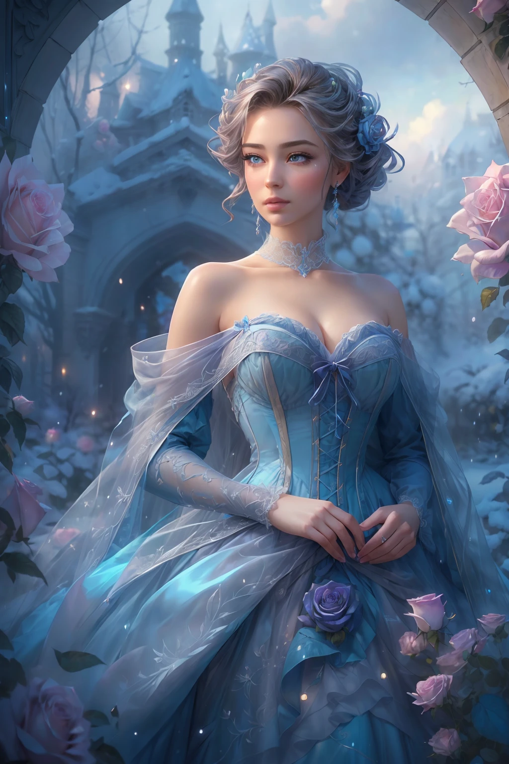 This is realistic (((fantasy))) artwork set in the frozen rose garden of an enchanted ice castle in winter and should consist of many shades of cold blue colors. It is snowing heavily. Generate a proud woman with a (((highly detailed face))) dressed in the billowing folds of a stunning French silk ballgown. The woman's elegant face is ((((highly detailed, with realistic features and soft, puffy lips.)))) The ballgown is embellished with ruffles, sashes, and bows and a delicately, but intricately, hand-embroidered bodice. The corset features silk ribbon. She is wearing Victorian royal winter outer clothes. The woman's stunning eyes are beautifully detailed, featuring realistic shading and multiple colors, and in high resolution. The woman is in a garden of eternal roses, each one beautifully formed and highly detailed. These realistic roses feature shimmering shades of light blue, dark blue, silver, and glimmering blue-purple. The eternal rose is a deep shade of periwinkle with shimmering iridescent overtones and undertones. Ensure that the woman's face, hair, and eyes are perfect. realism, high fantasy, whimsical fantasy, storybook fantasy, fairytale fantasy, fantasy details, enchanting, bewitching, 8k, hires, CGI, digital painting, unity, unreal engine, (((masterpiece))), intricate, elegant, highly detailed, majestic, digital photography, art by artgerm and ruan jia and Greg Rutkowski, (masterpiece, finely detailed beautiful eyes: 1.2), hdr, realistic skin texture, (((1woman))), (((solo))), Include a highly detailed face, extremely detailed face, and interesting background.