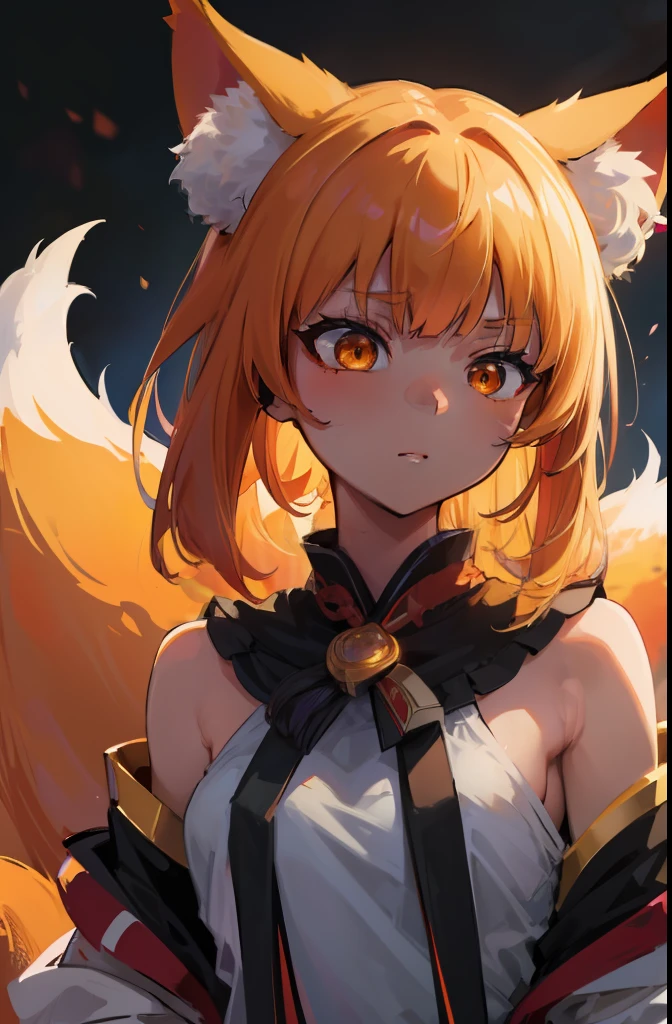 Volumetric Lighting, Best Shadows, Portrait Of Stunningly Beautiful Girl, Petite, Delicate Beautiful Attractive Face With Alluring Yellow Eyes, Small chest, small breasts, Short orange hair, , Thick , Slim Waist, Standing, (Highest Quality, Amazing Details:1.25), (Solo:1.3), Brilliant Colorful Paintings, anime character dressed in dress with a fox tail, kitsune, a beautiful fox lady, a beautiful kitsune woman, portrait, cowprint