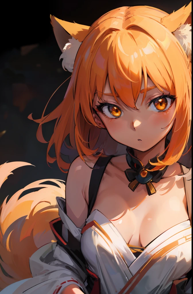 Volumetric Lighting, Best Shadows, Portrait Of Stunningly Beautiful Girl, Petite, Delicate Beautiful Attractive Face With Alluring Yellow Eyes, Small chest, small breasts, Short orange hair, , Thick , Slim Waist, Standing, (Highest Quality, Amazing Details:1.25), (Solo:1.3), Brilliant Colorful Paintings, anime character dressed in dress with a fox tail, kitsune, a beautiful fox lady, a beautiful kitsune woman, portrait, cowprint